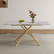 59-inch Modern Rectangle Expandable Dining Table With Retractable Leaf  Sintered Stone Top & Golden Carbon Steel X-Base  Sturdy 4-6 Person Table For Small Apartments  Kitchen  Dining Room