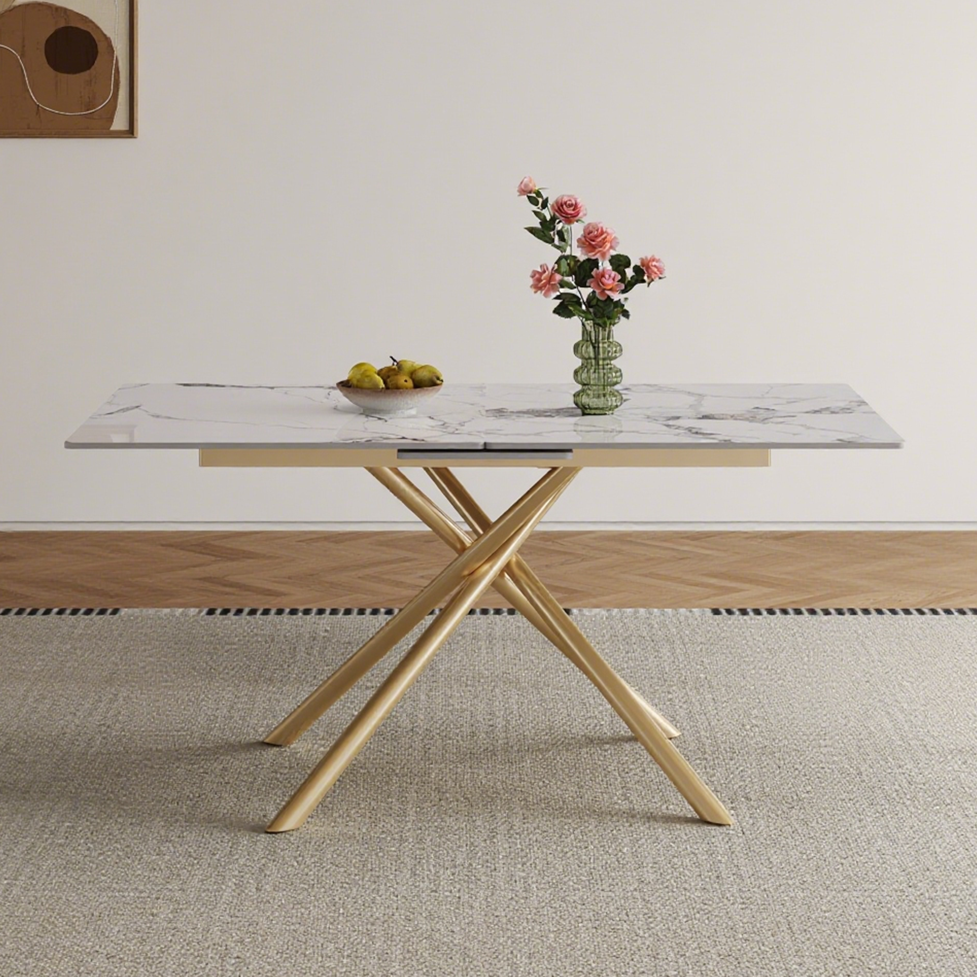 59-inch Modern Rectangle Expandable Dining Table With Retractable Leaf  Sintered Stone Top & Golden Carbon Steel X-Base  Sturdy 4-6 Person Table For Small Apartments  Kitchen  Dining Room