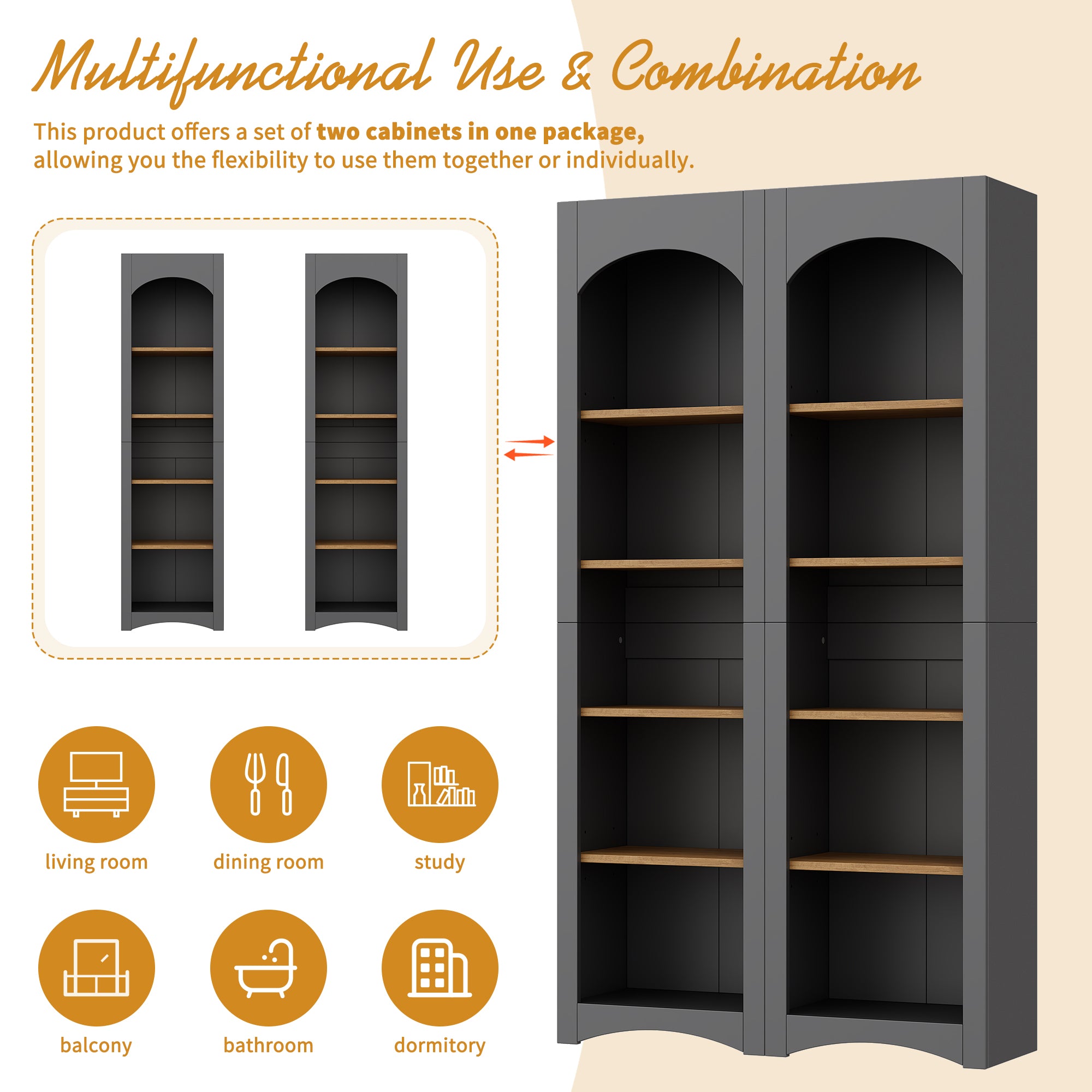 ON-TREND Free Standing 5 Tier Bookshelves, Bookcases Set Of 2, Farmhouse Two-Tone Storage Cabinet With Adjustable Shelves, Modern 72H Kitchen Pantry Cabinet For Living Room, Home Office, Grey
