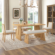TREXM 6-Piece Rustic Farmhouse Dining Table Set With Wire Brushed Design, Rectangular Dining Table With Trapezoid Legs, 4 Upholstered Linen Chairs & 1 Padded Bench For Dining Room & Kitchen Natural