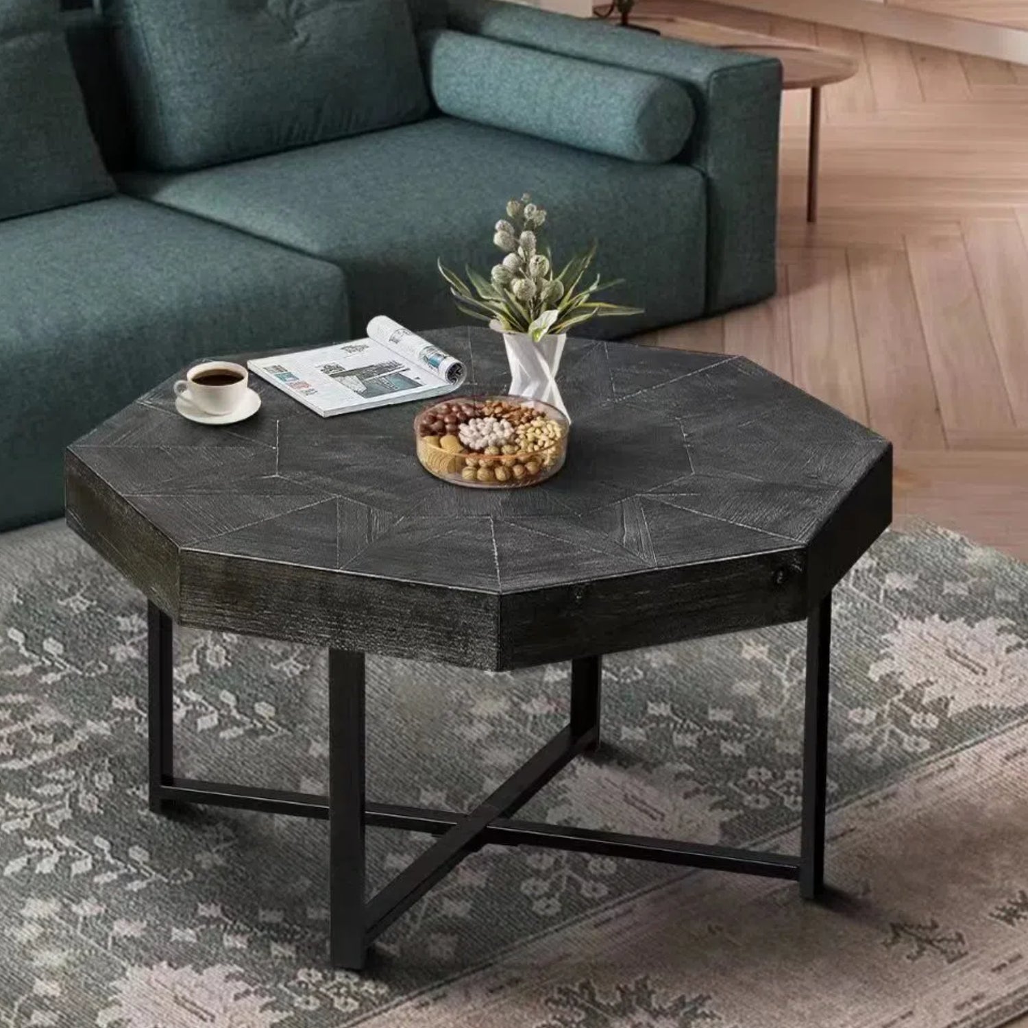 Wood Octagonal Vintage Patchwork Craft Farmhouse 30 Inch Wooden Table Top  Cross Metal Legs Coffee Table For Living Room Antique Black