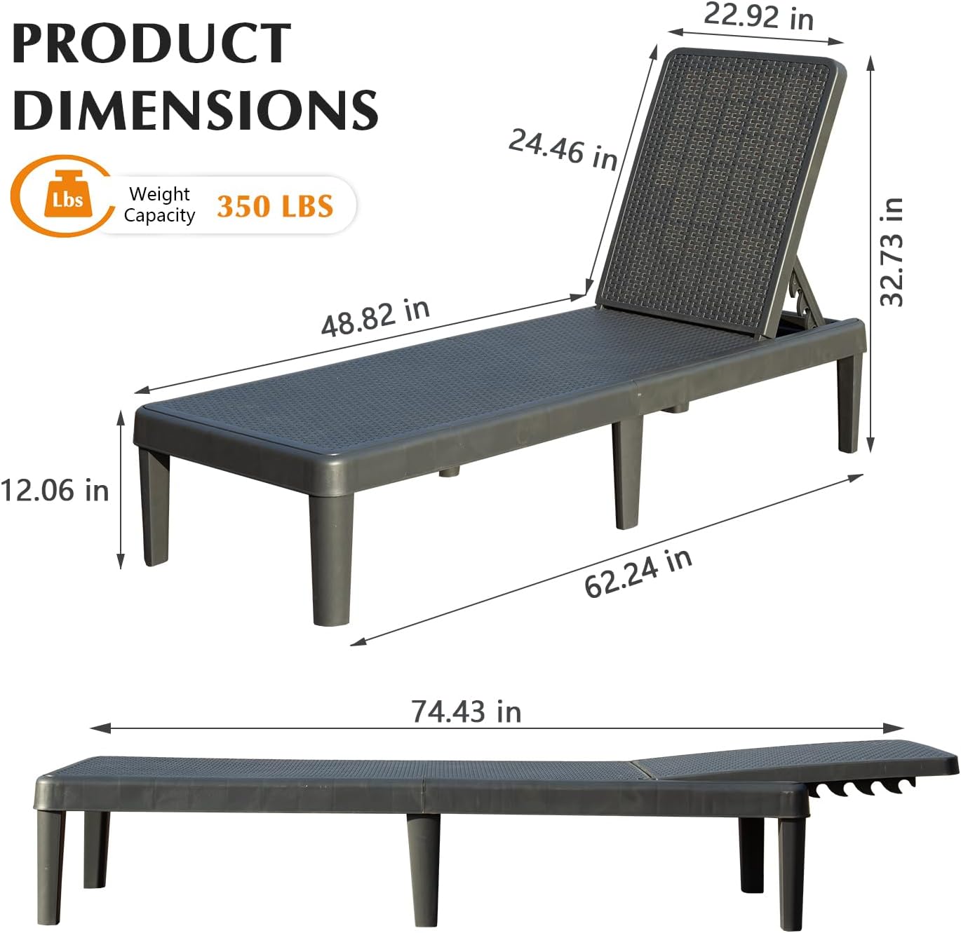 Pool Lounge Chairs Set Of 2, Outdoor Lounge Chairs With 6 Positions Backrest Adjustable, Resin Waterproof Chaise Lounge Outdoor For Poolside Patio Garden Deck