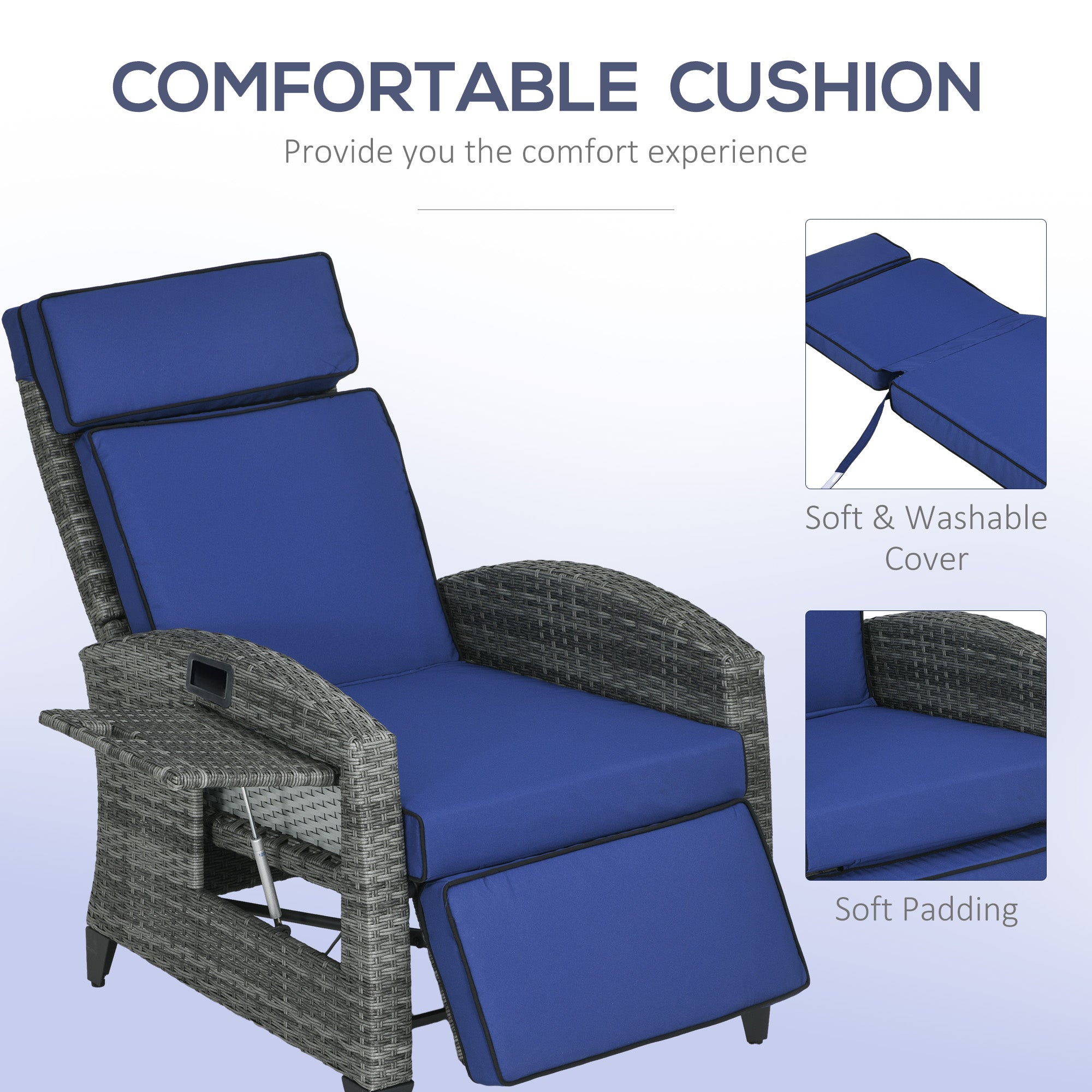 Outdoor Recliner Chair with Cushions, Reclining Patio Lounge Chair with Adjustable Footrest, Armrests, Tray Table, Blue