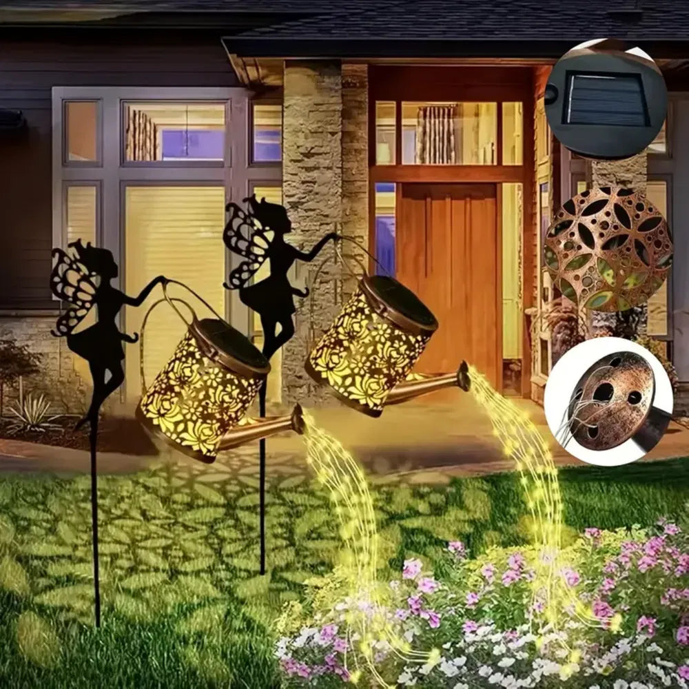 Ouddy Decor Fairy Garden Decor With Solar Watering Can, Metal Statues With Hanging Lanterns Waterfall Lights Silhouette Waterproof For Lawn Pathway Decorations Gardening Gifts For Mother's Day