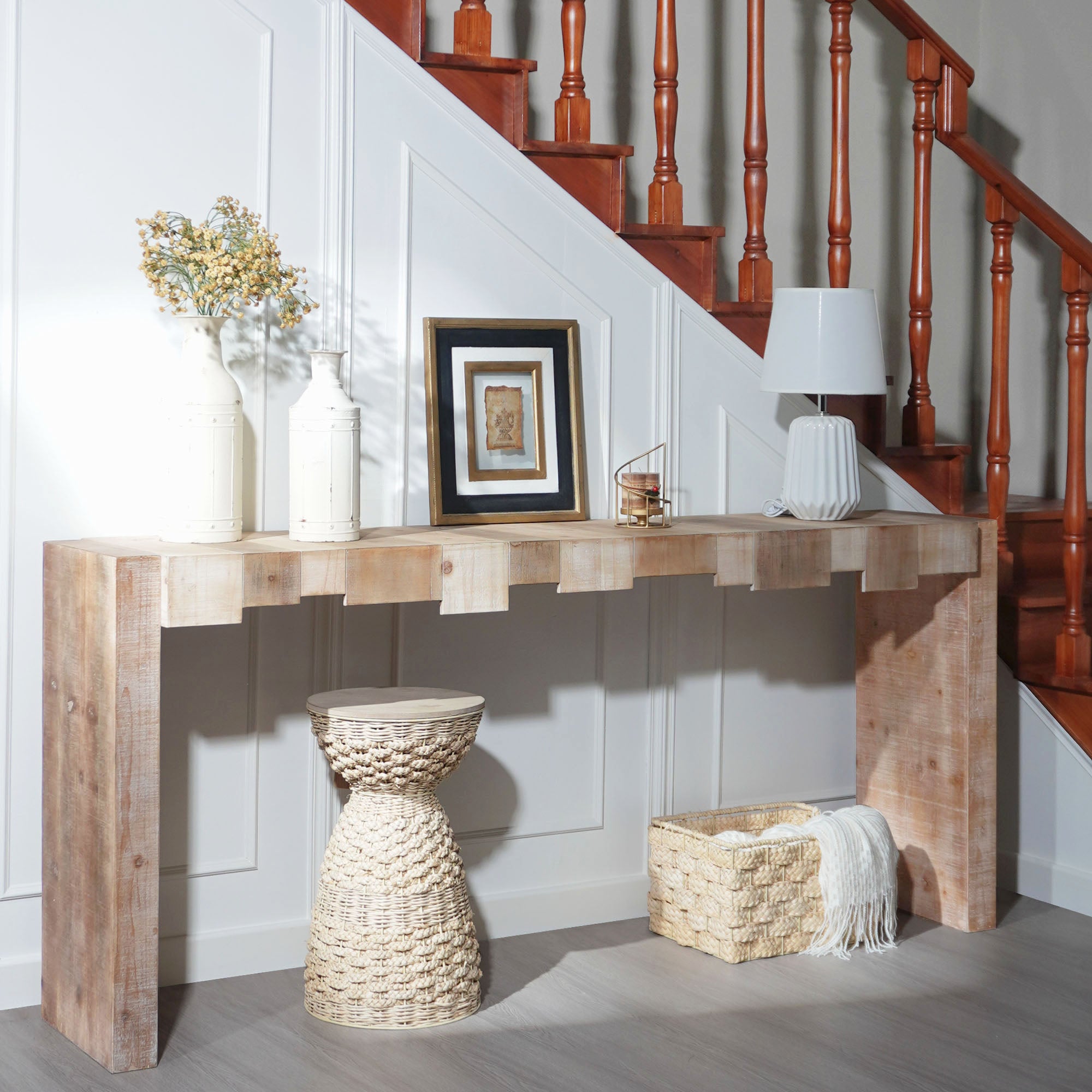 Modern Rustic Console Table - 71  Entryway Table With Sculpted Block Design - Narrow Sofa Table For Hallway, Living Room, Or Foyer