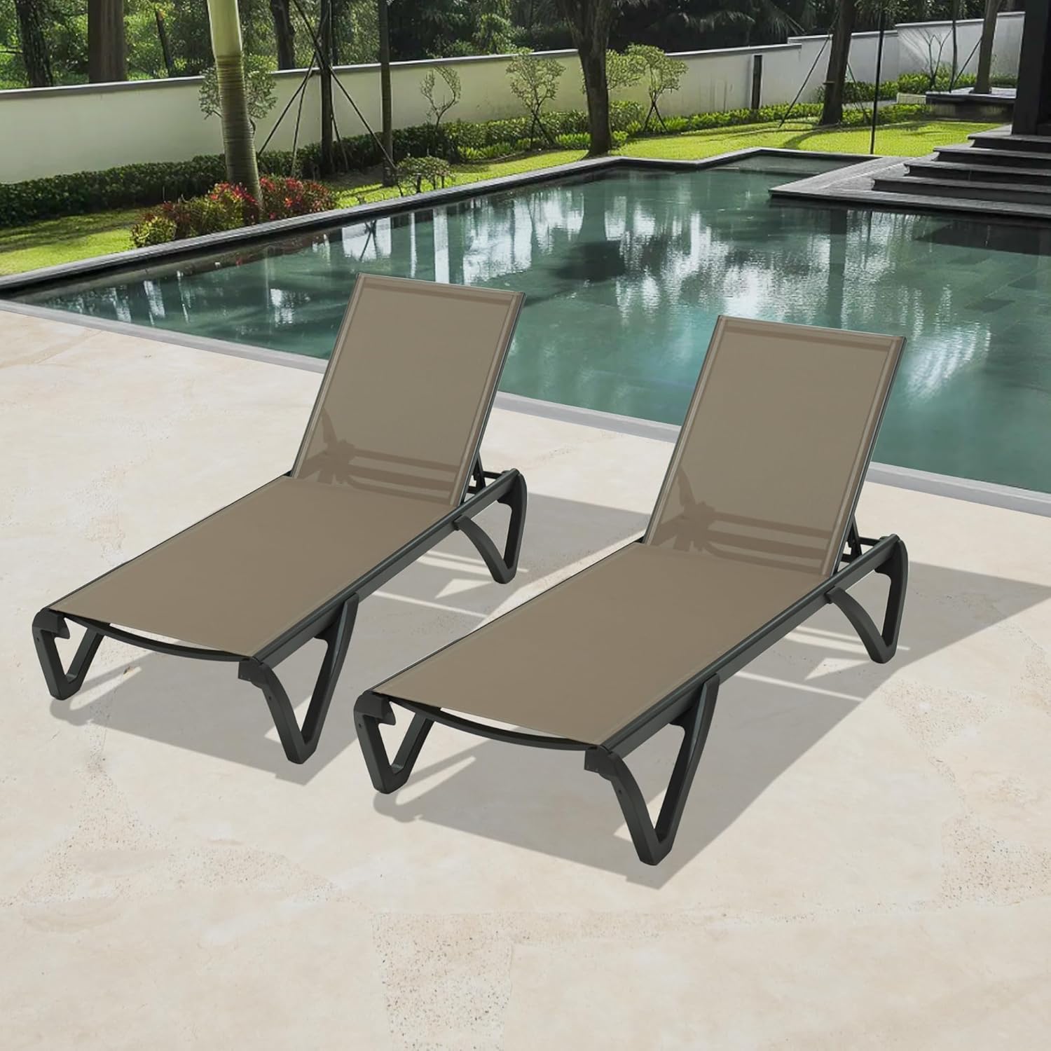 Pool Lounge Chairs Set Of 2, Aluminum Patio Chaise Lounge With Wheels, 5 Position Adjustable, All Weather Outdoor Lounge Chairs For Beach, Yard, Balcony, Poolside, Khaki