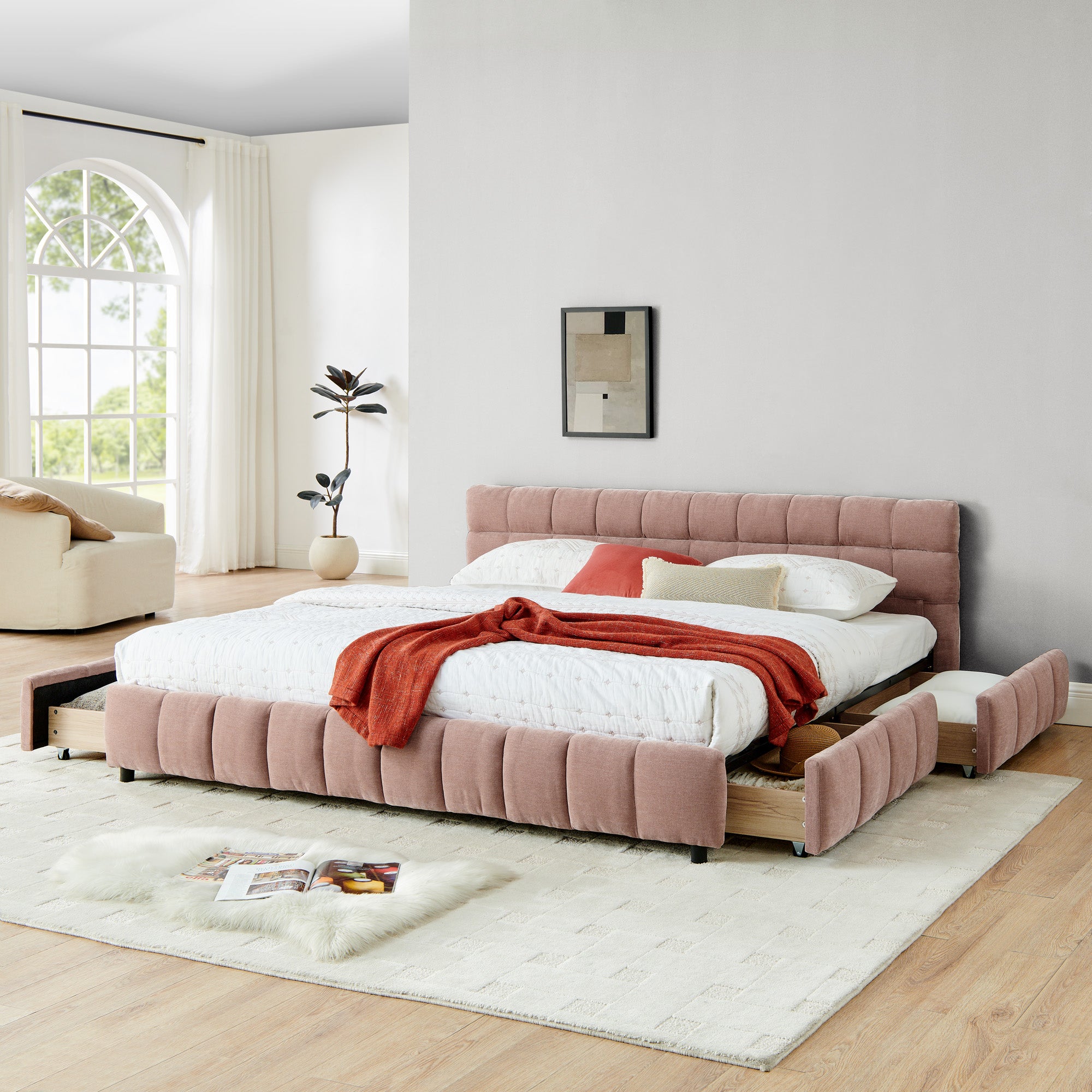 King Size Upholstered Bed ,comfortable Upholstered Bed Frame, Chenille Fabric, With Headboard And Solid Bed Frame. With Drawer For Storage.-Pink 88.5x85.5x31