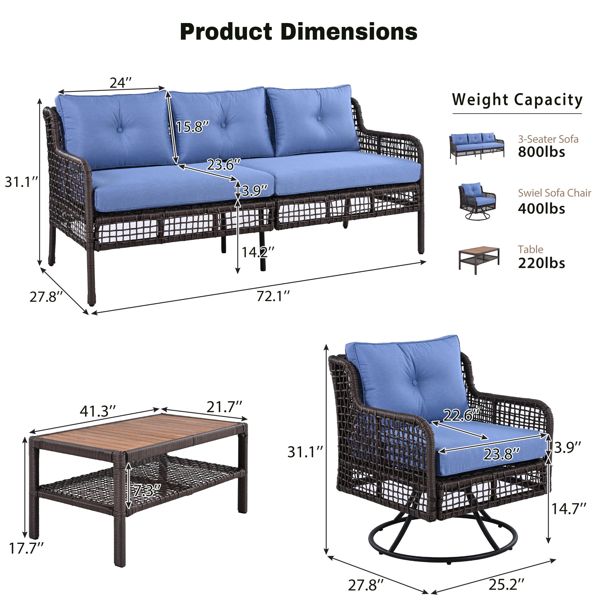 GO 4 Pieces Patio Furniture Set With Swivel Chairs, Outdoor Wicker Sofas For 5-person, Sectional Rattan Outdoor Conversation Set For Poolside  Deck, Blue