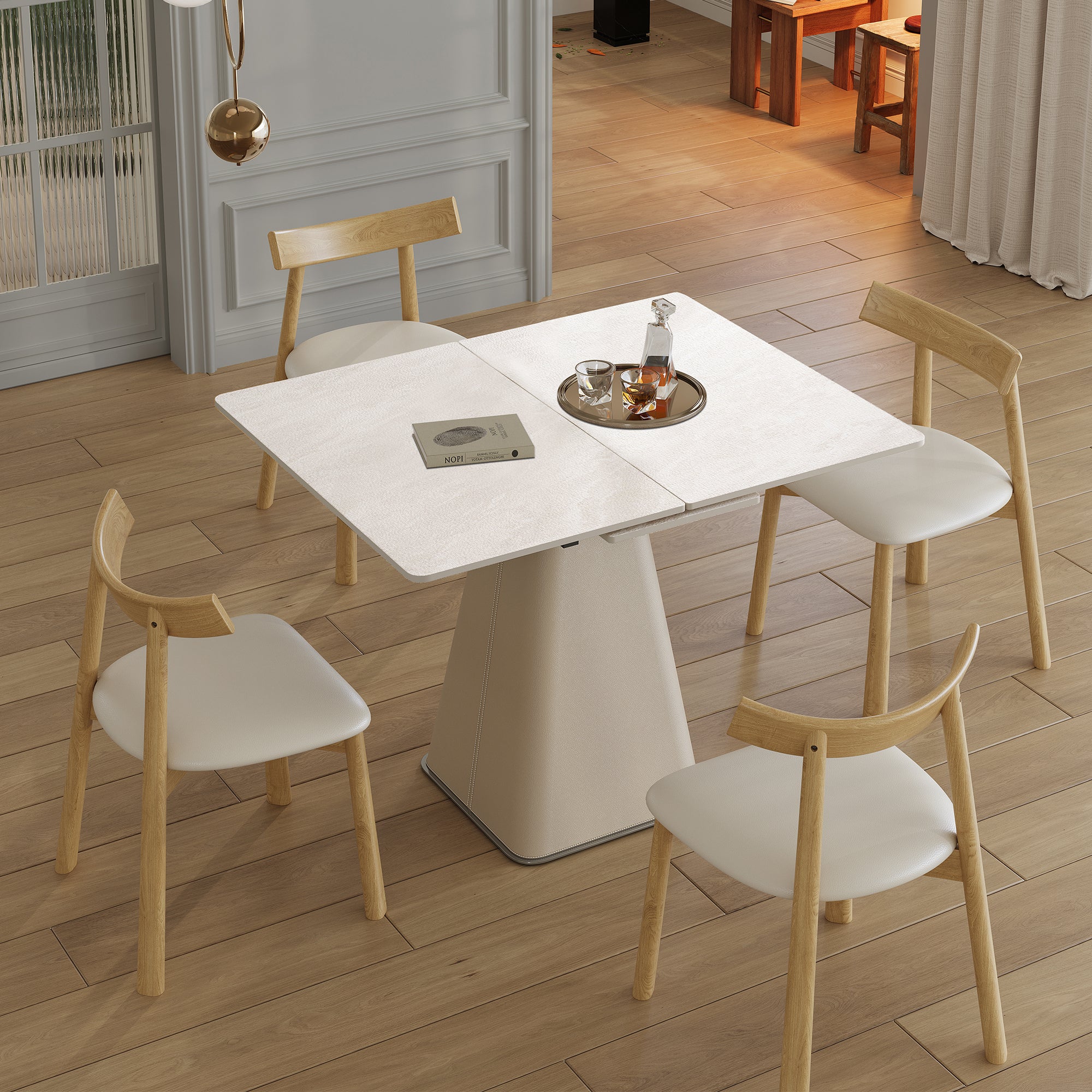Retractable Rock Slab Dining Table Set  Modern 5-Piece Expandable Table With 4 Wooden Leg Chairs & Leather-Wrapped Base  Space Saving Kitchen Set For Small Apartments