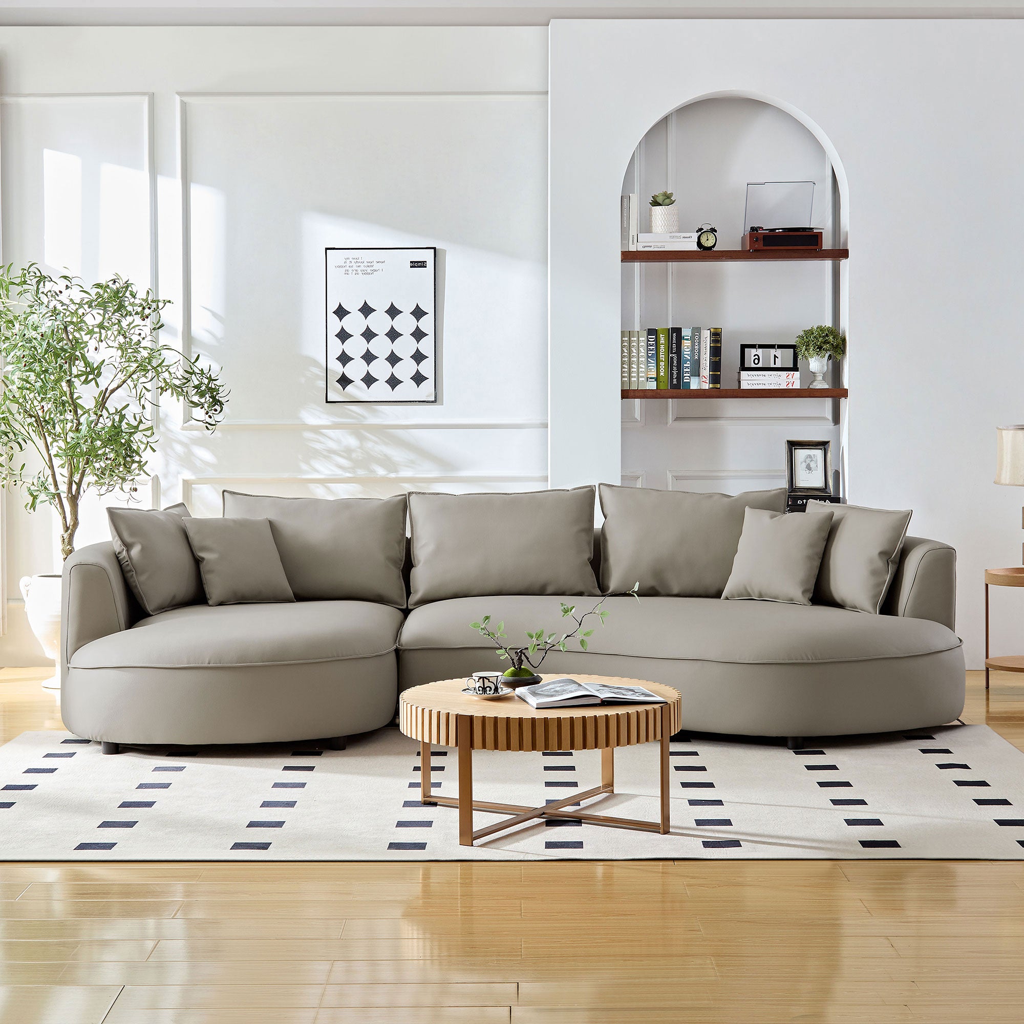 Modern Sectional Curved Sofa Couch For Living Room,Upholstered 5-Seat Sofa Couch Eco-leather Couch Set For Apartment Office,Light Grey
