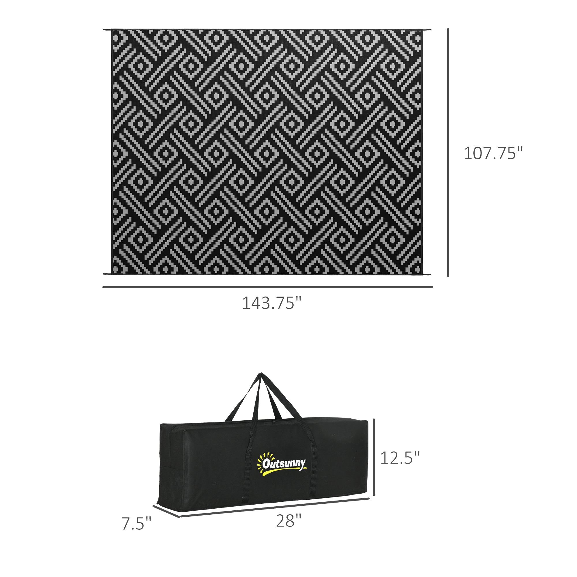 Reversible Outdoor Rug Carpet RV Camping Rugs with Carry Bag, 9' x 12', Black & Gray Geometric