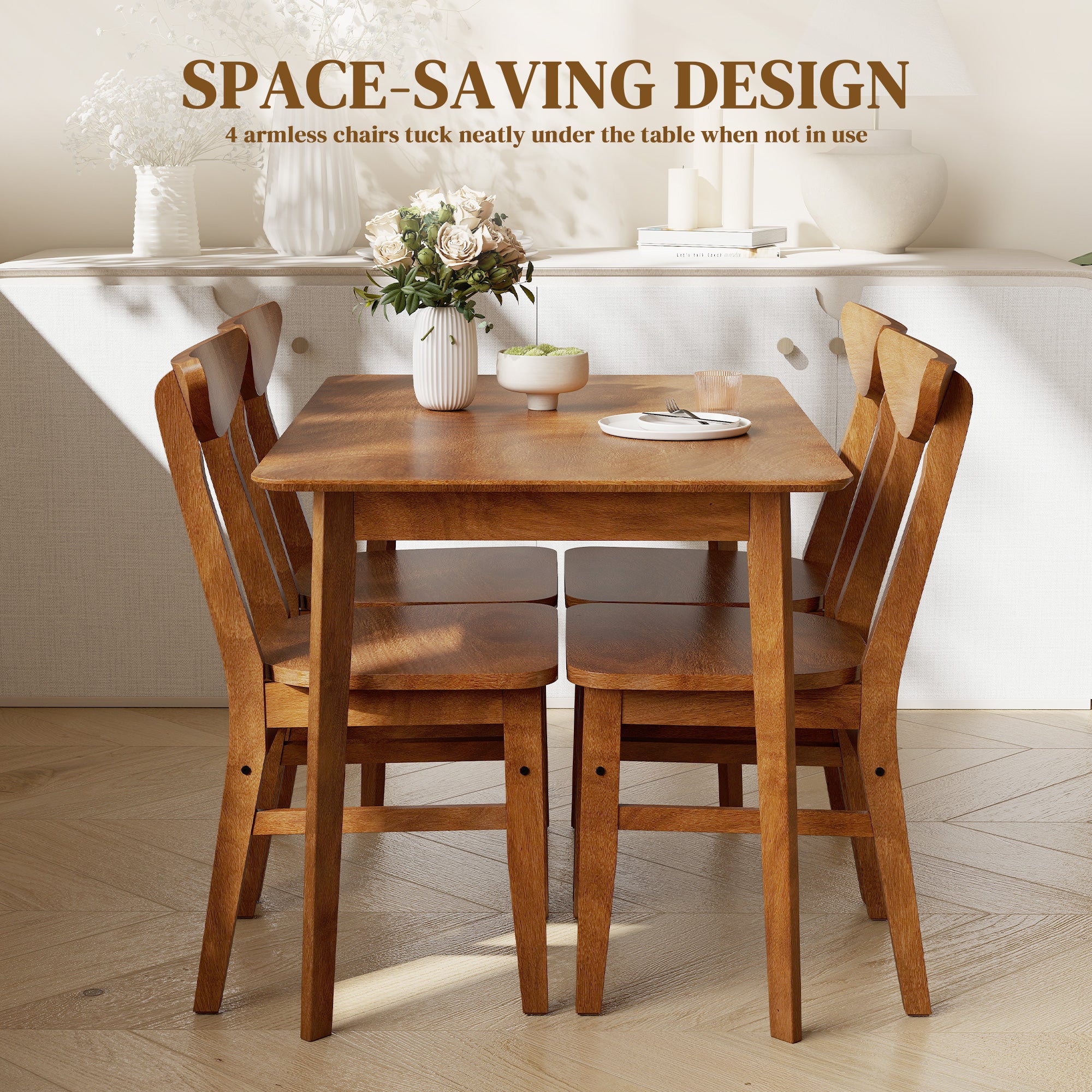 5-Piece Solid Wood Dining Room Set for 4, Farmhouse Dinette Table Set with 4 Chairs for Small Space, Dining Room, Walnut