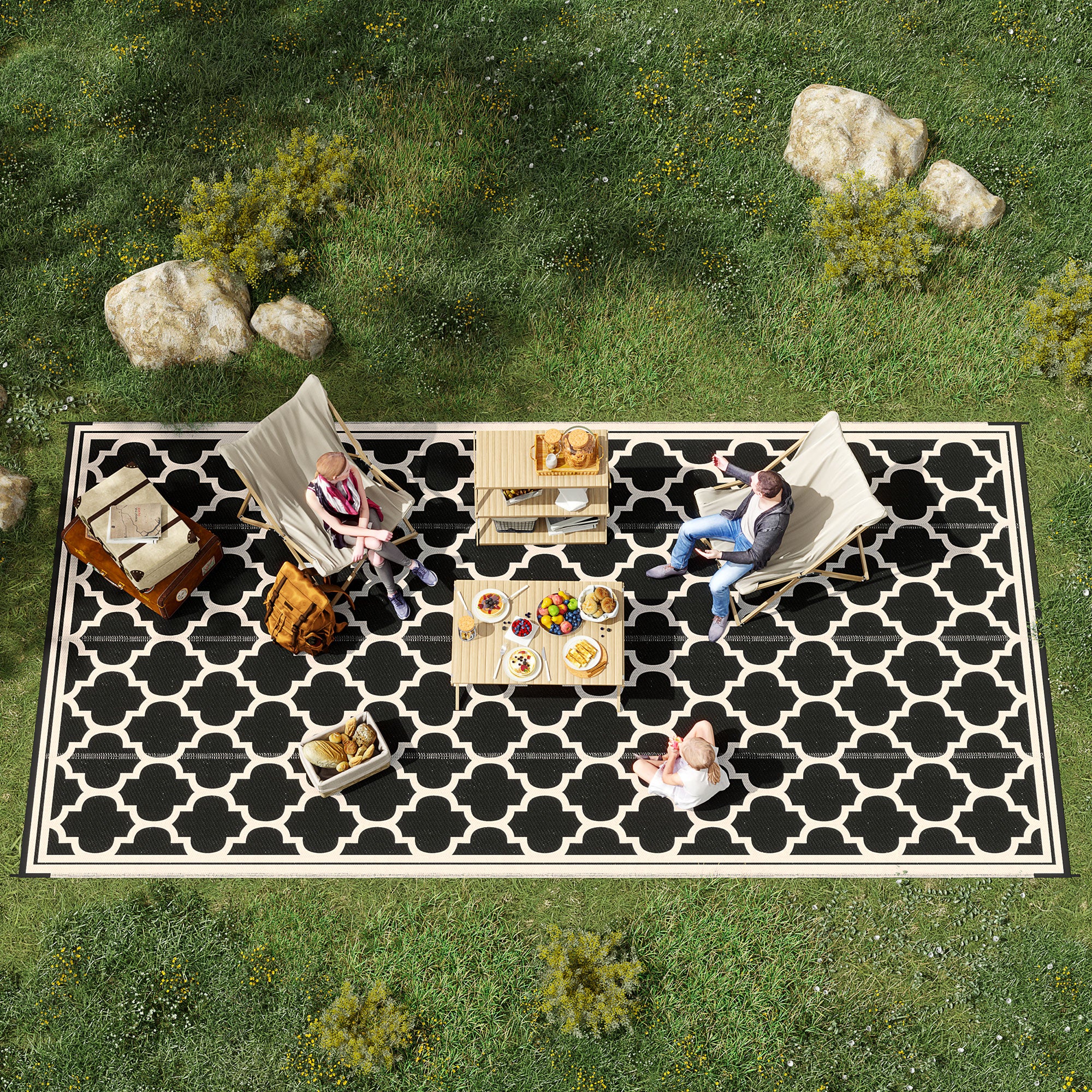 Reversible Outdoor Rug, 9' x 18' Waterproof Plastic Straw Floor Mat, Portable RV Camping Carpet, Large Floor Mat for Deck, Backyard, Picnic, Beach, Black & Beige