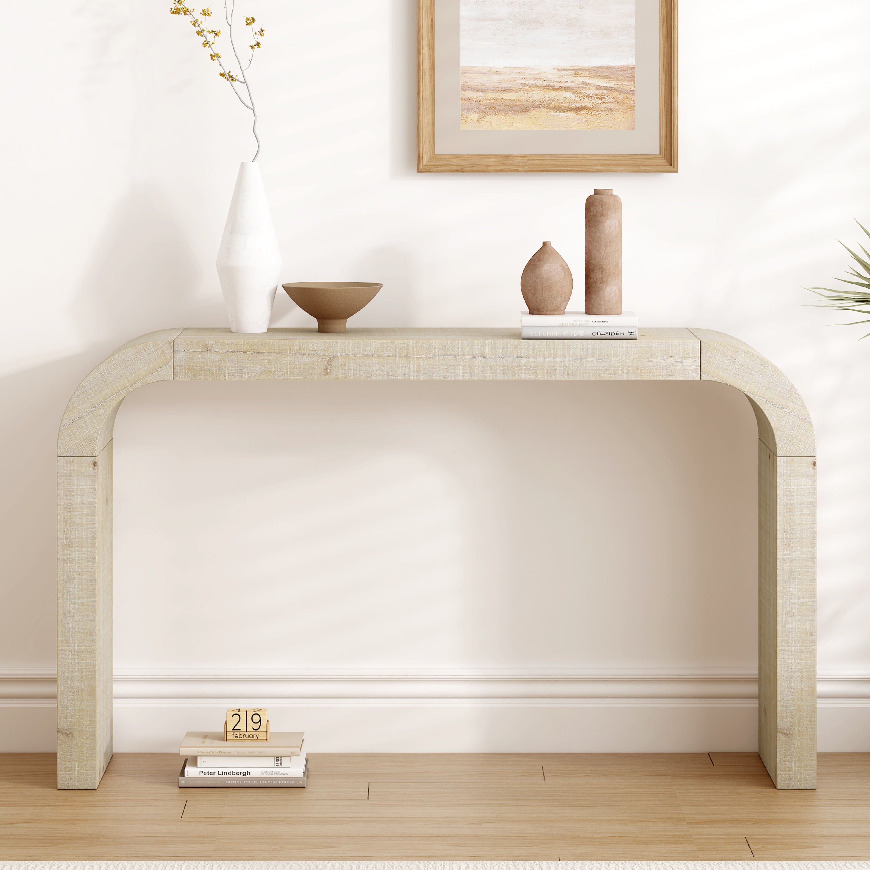 52 Wood Console Table With Curved Edge, Natural Texture, Perfect For Entryways And Living Rooms