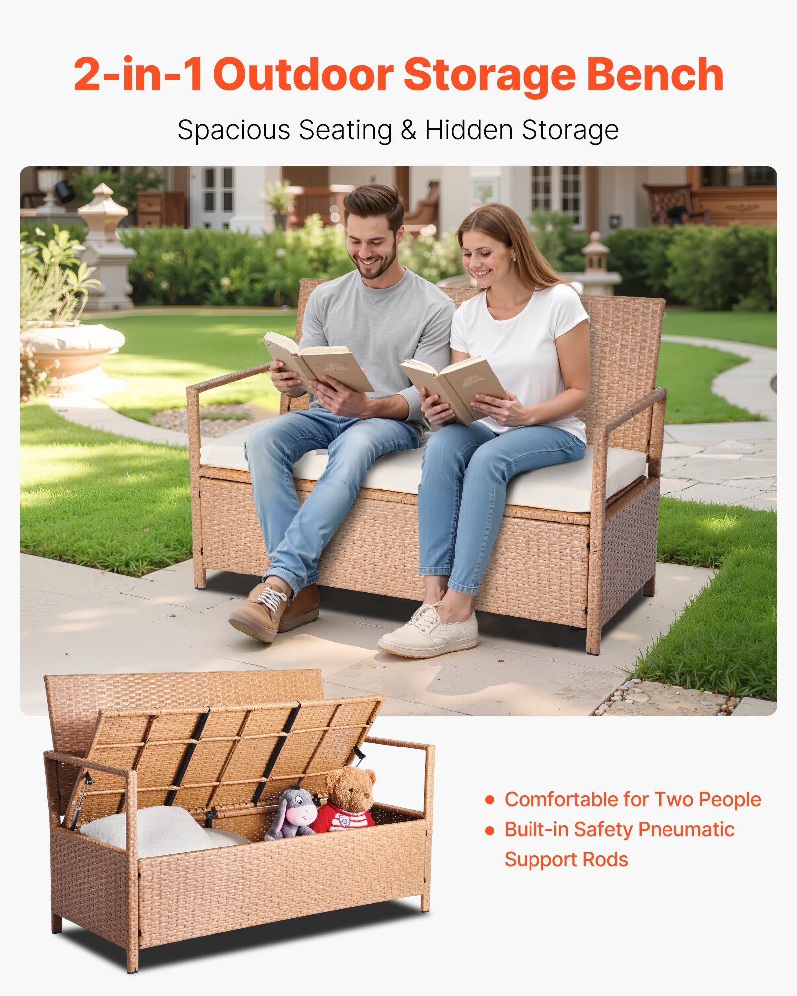 Outdoor Storage Bench PE Rattan 70Gal Deck Box Waterproof Outdoor Seat & Storage
