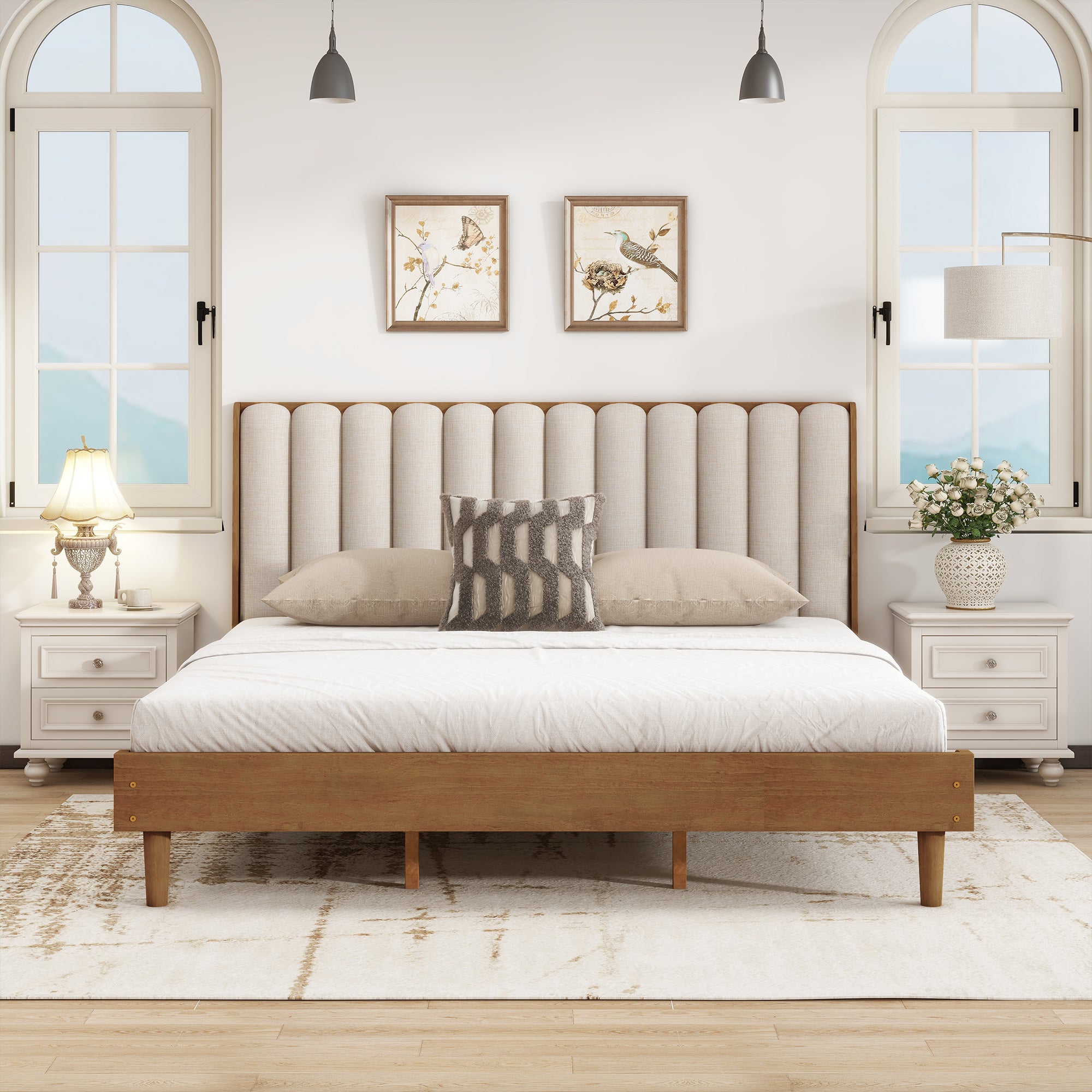 King Size Wood Bed With Piano Key Style Upholstered Headboard , Wood Bed With Strengthened Bed Frame ,Wheat