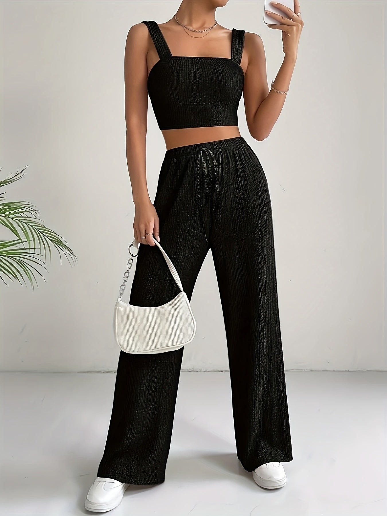 Elegant Solid Color Textured Pantsuits, Sleeveless Crop Cami Top & Drawstring High Waist Wide Leg Pants Outfits, Women's Clothing