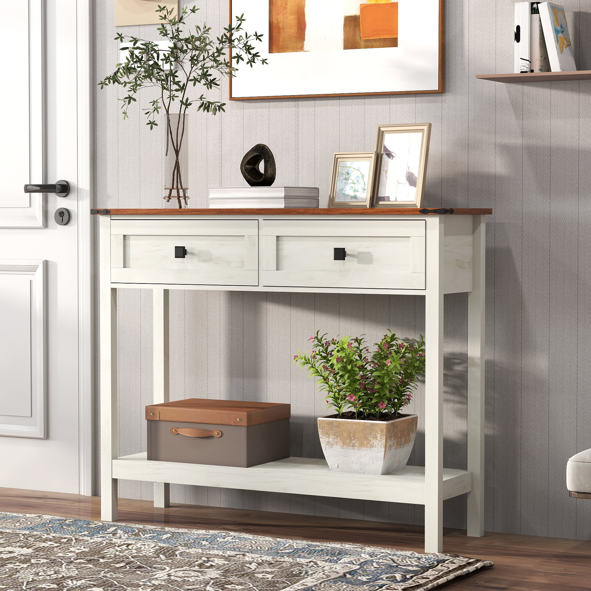 Farmhouse Style Console Table With 2 Drawer And Bottom Storage Shelf For Entryway, Rustic Side Table With Storage Drawer And Shelf For Living Room, Hallway Antique White