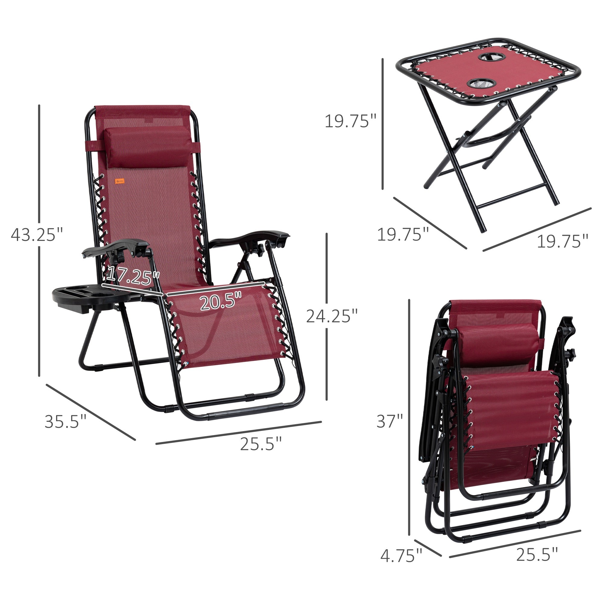 Zero Gravity Chair Set with Side Table, Folding Reclining Chair with Cupholders & Pillows, Adjustable Lounge Chairs for Pool, Backyard, Lawn, Beach, Wine Red