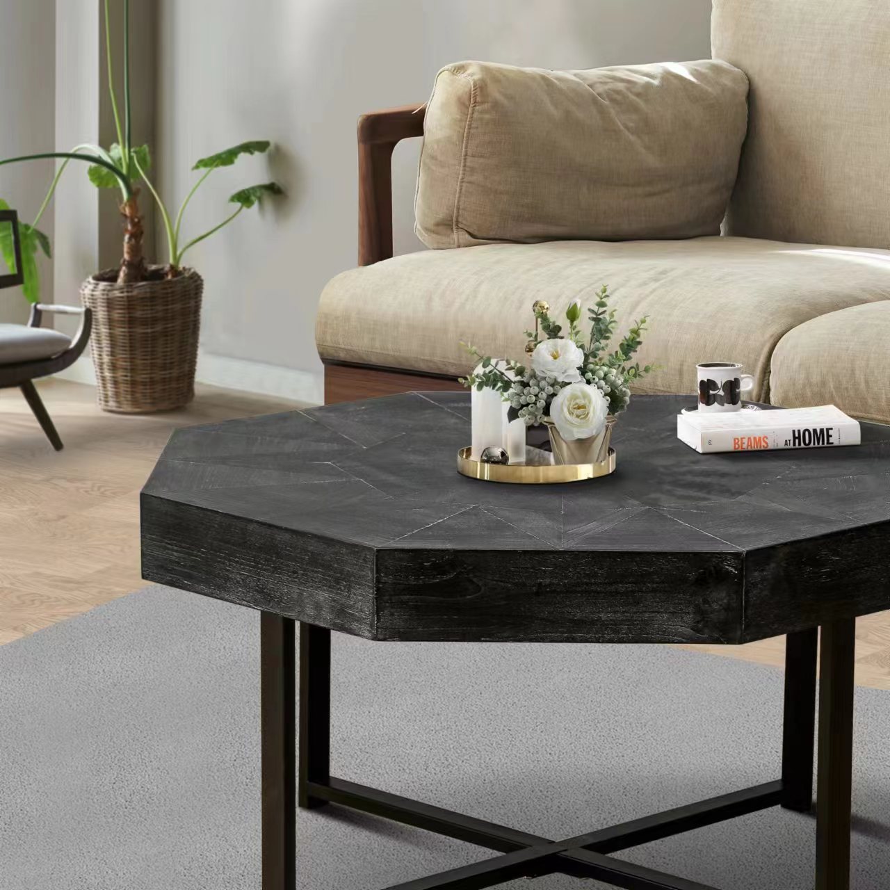 Wood Octagonal Vintage Patchwork Craft Farmhouse 30 Inch Wooden Table Top  Cross Metal Legs Coffee Table For Living Room Antique Black