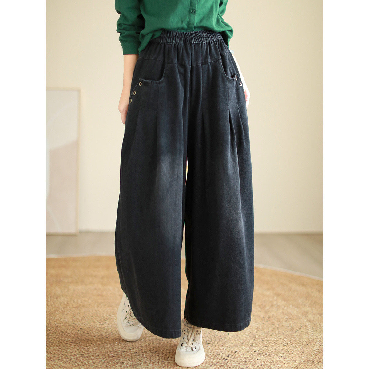 Wide-leg Jeans Elastic Waist Washed Wear-white Loose Slimming And All-matching Trousers For Women