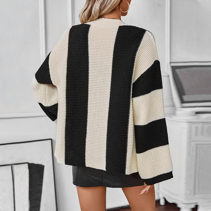 Contrast Color Striped Women's Sweater Cardigan Loose Sweater