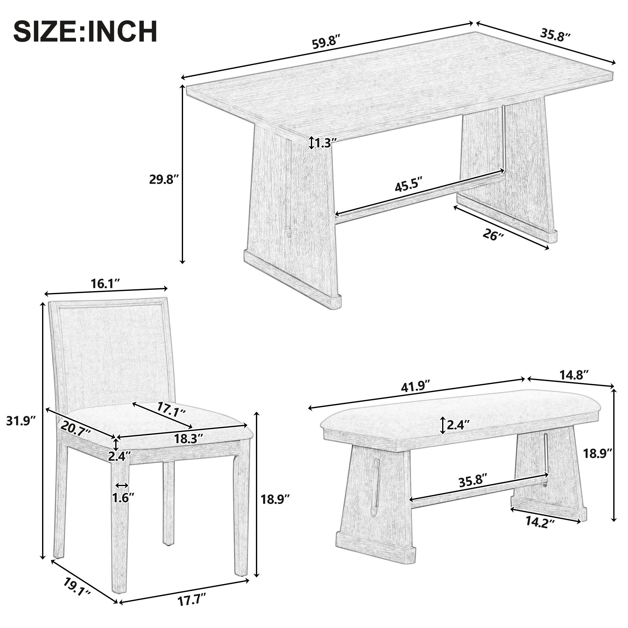 TREXM 6-Piece Rustic Farmhouse Dining Table Set With Wire Brushed Design, Rectangular Dining Table With Trapezoid Legs, 4 Upholstered Linen Chairs & 1 Padded Bench For Dining Room & Kitchen Natural