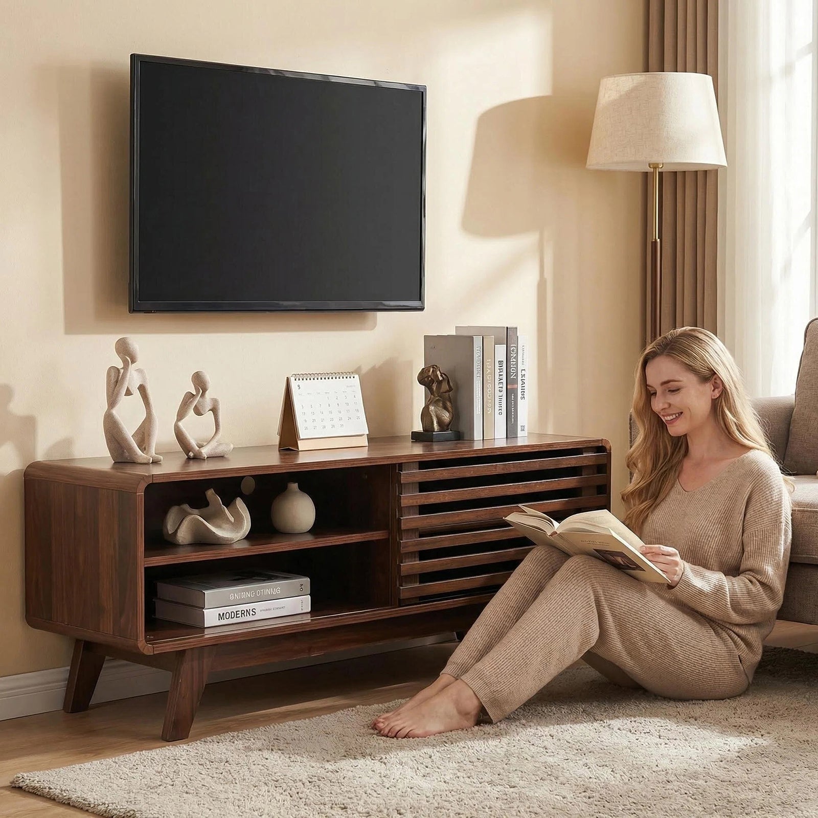 TV Stand With Storage, Entertainment Center With Slatted Sliding Door, Mid Century Modern TV Stand, Farmhouse Media Console For Living Room Walnut, 46