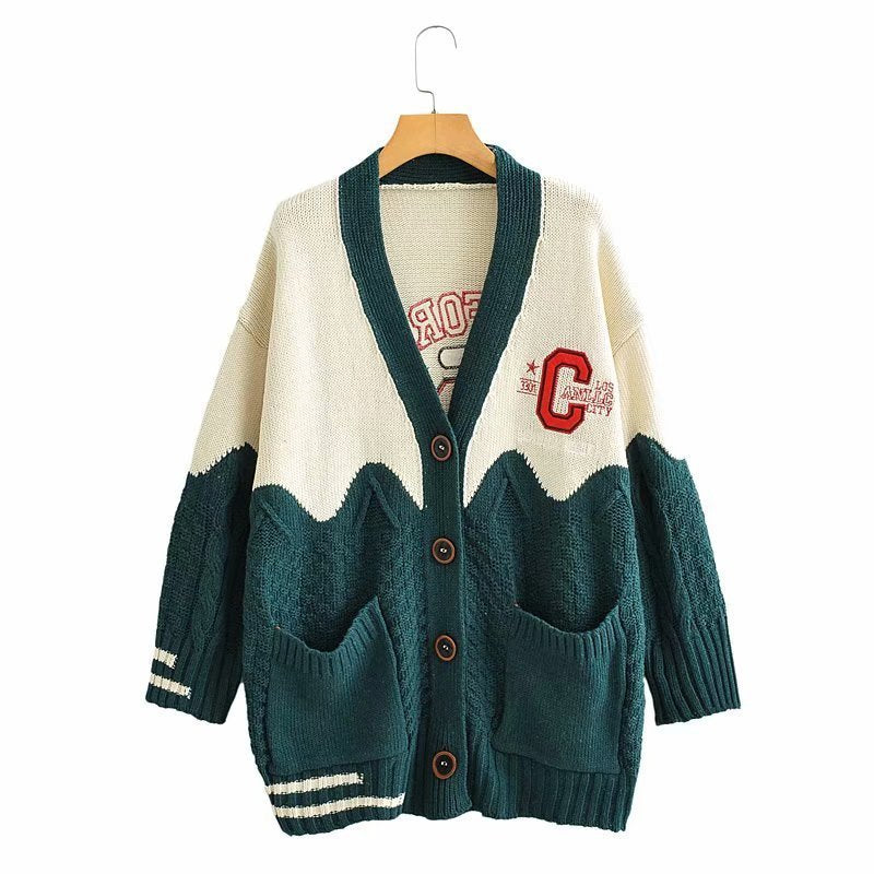 V-neck contrast letter cardigan sweater women