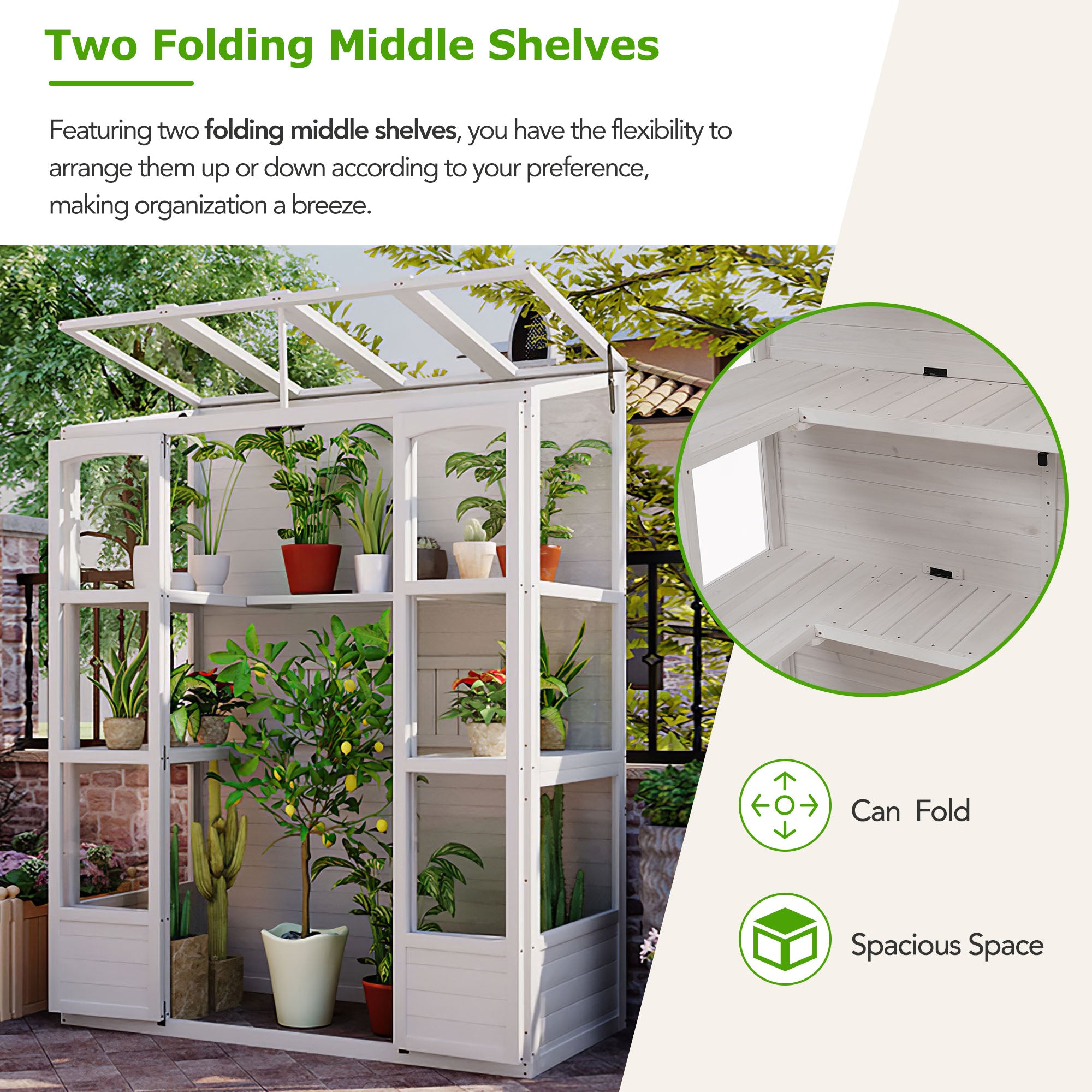 TOPMAX 78-inch Wooden Greenhouse Cold Frame With 4 Independent Skylights And 2 Folding Middle Shelves, Walk-in Outdoor Greenhouse, White