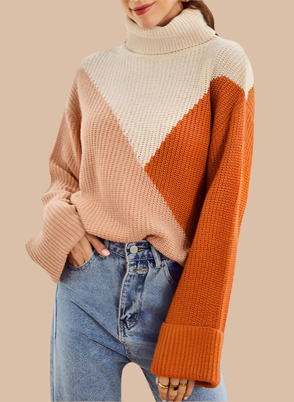 Long-sleeved stitching turtleneck sweater