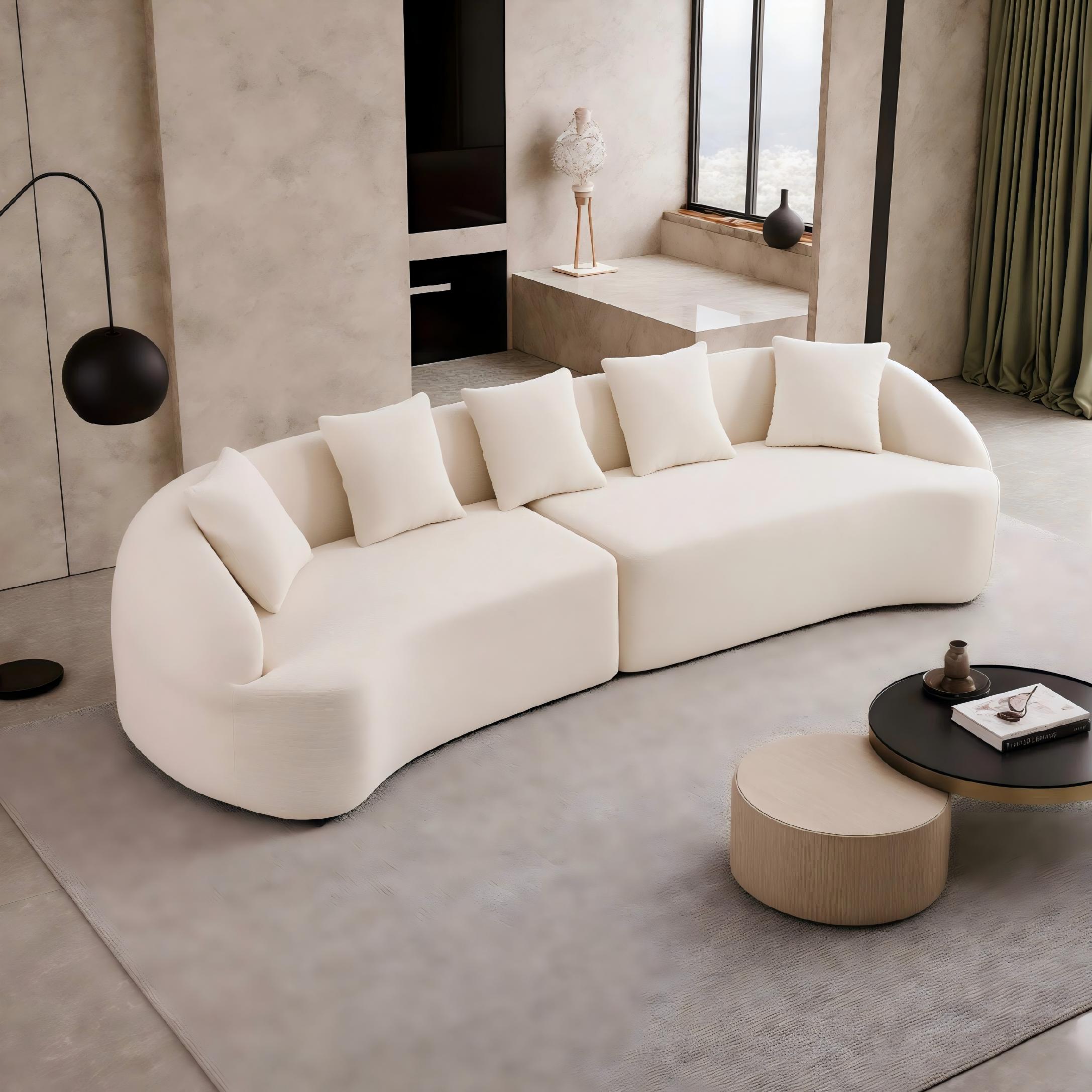 Curved Boneless Sofa Compression Modular 110'' Sectional White High-Density Couches Sleeper For Living Room Bedroom Apartment Lounge Chenille