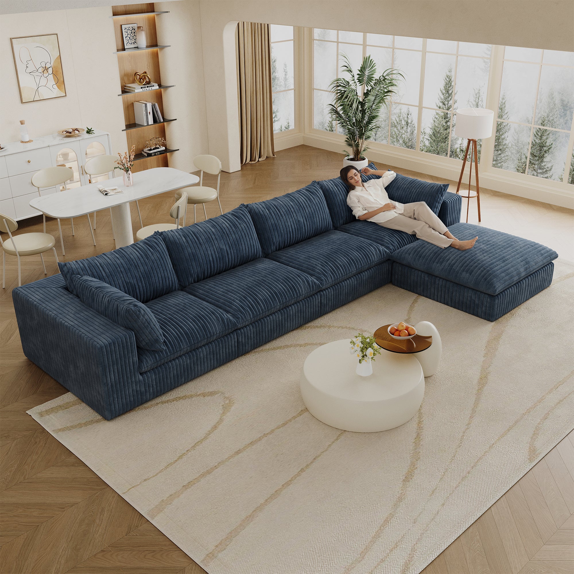 157.6Cloud Sofa,Corduroy Fabric,Deep Seat Couches,Double-layer Design,Removable  Cushion,No Assembly,DIY Combination For Living Room, Bedroom,Conference Room ,Apartment,Blue