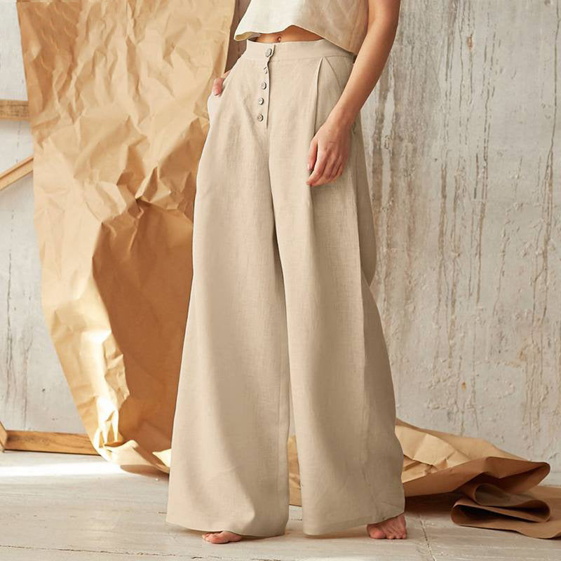 TrousersLadies' Solid High Waist Casual Button Cotton And Linen Wide Leg Trousers