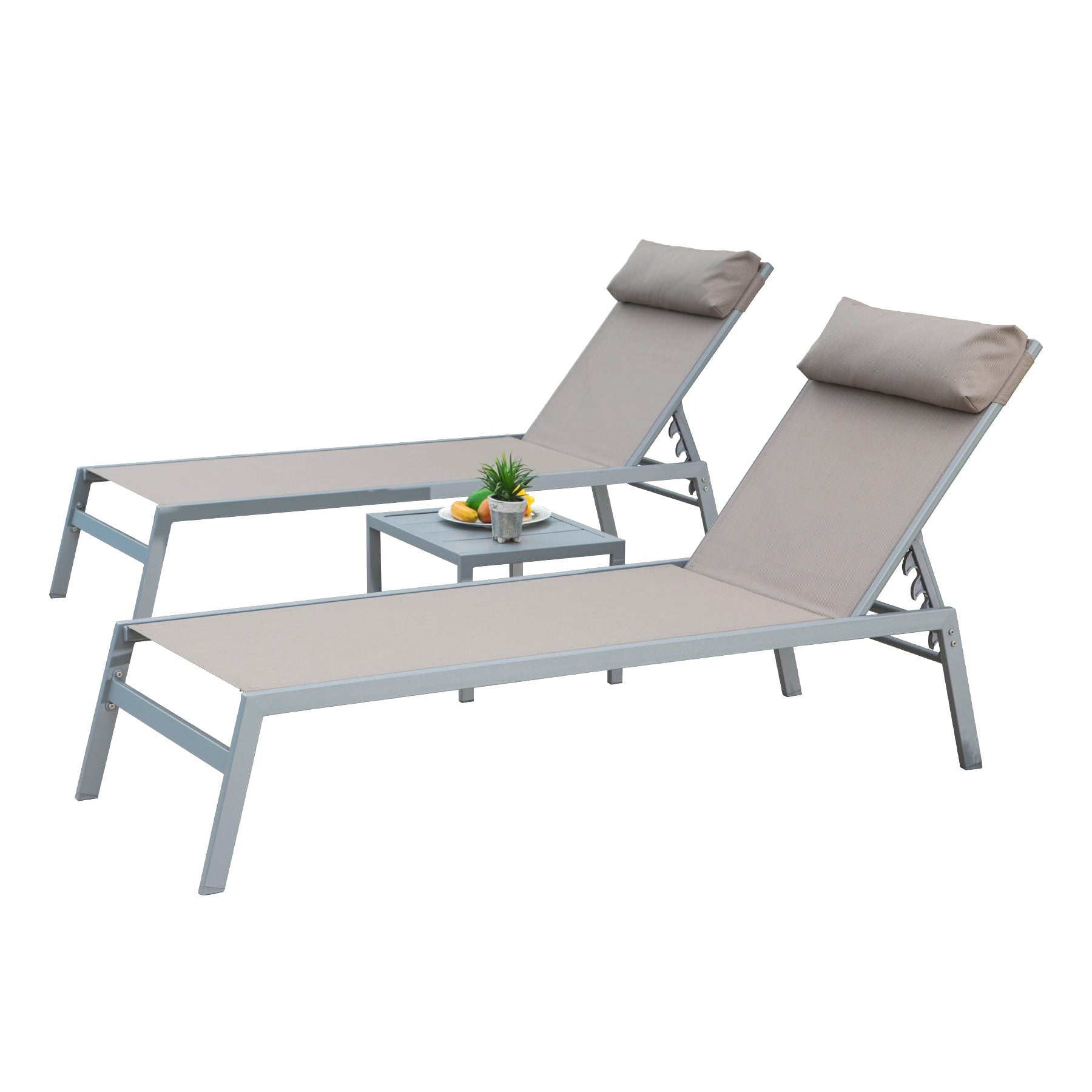 Patio Chaise Lounge Set Of 3, Aluminum Lounge Chairs With 5 Adjustable Positions, Outdoor Chaise Lounge For Pool, Deck, Garden, Backyard, Sunbathing  Khaki,2 Lounge Chairs 1 Table