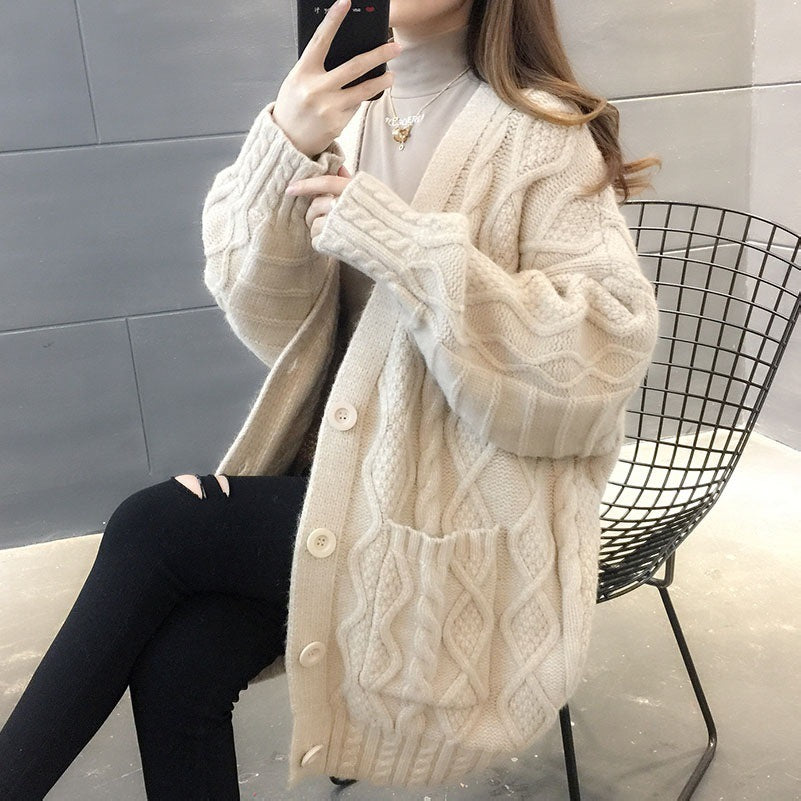 Fried Dough Twist Solid Color Sweater Coat Women Lazy Loose Knit Cardigan