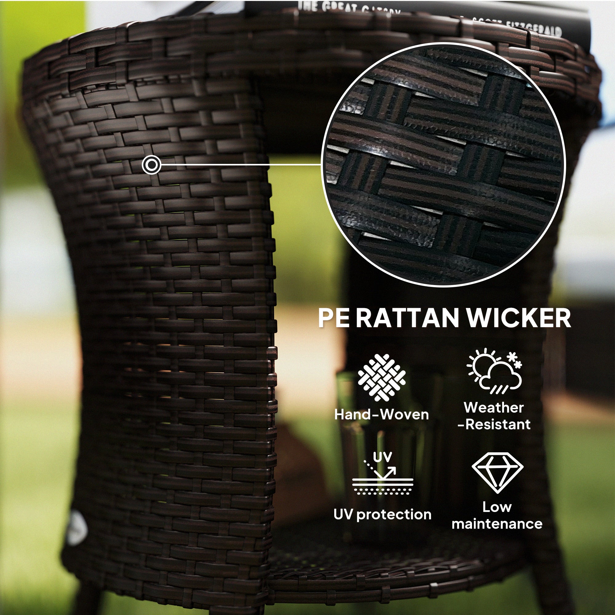 18" Wicker Outdoor Coffee Table, PE Rattan Patio Side Table with 2-Tier Storage, Composite Wood Top, Mixed Brown