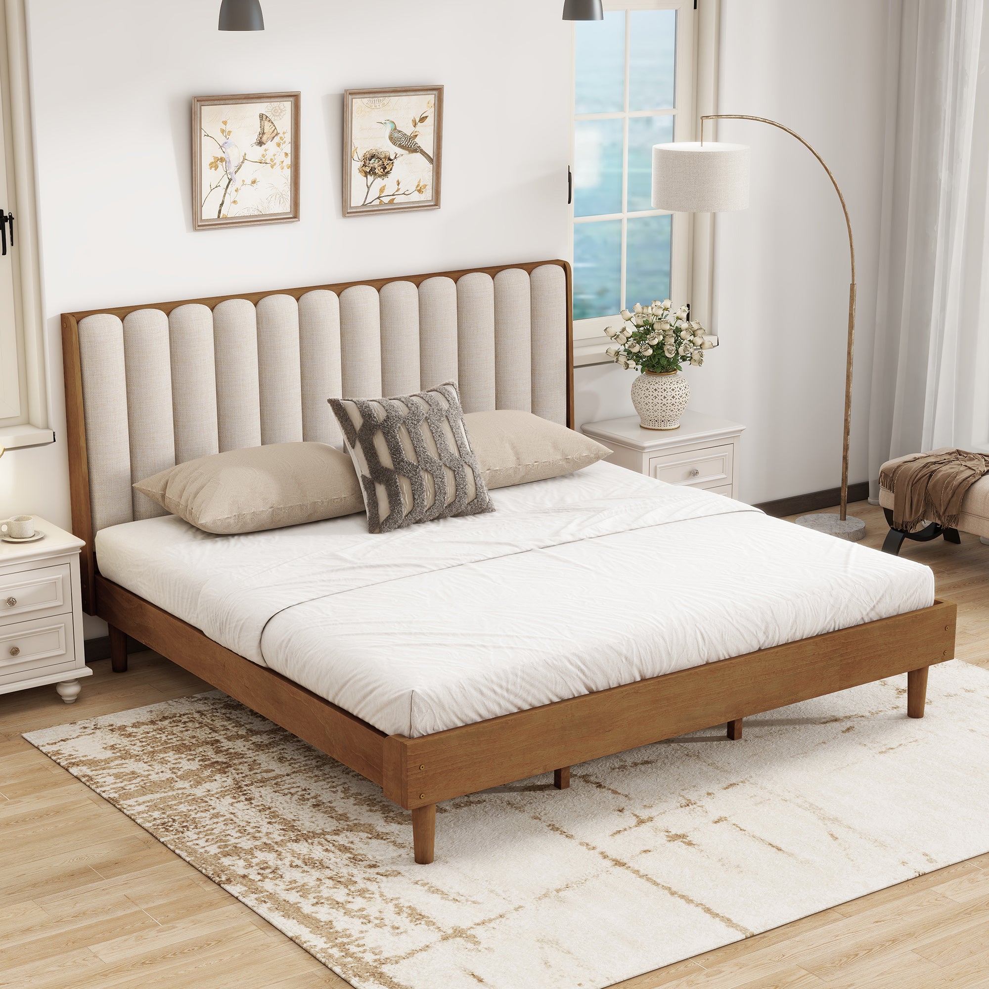 King Size Wood Bed With Piano Key Style Upholstered Headboard , Wood Bed With Strengthened Bed Frame ,Wheat