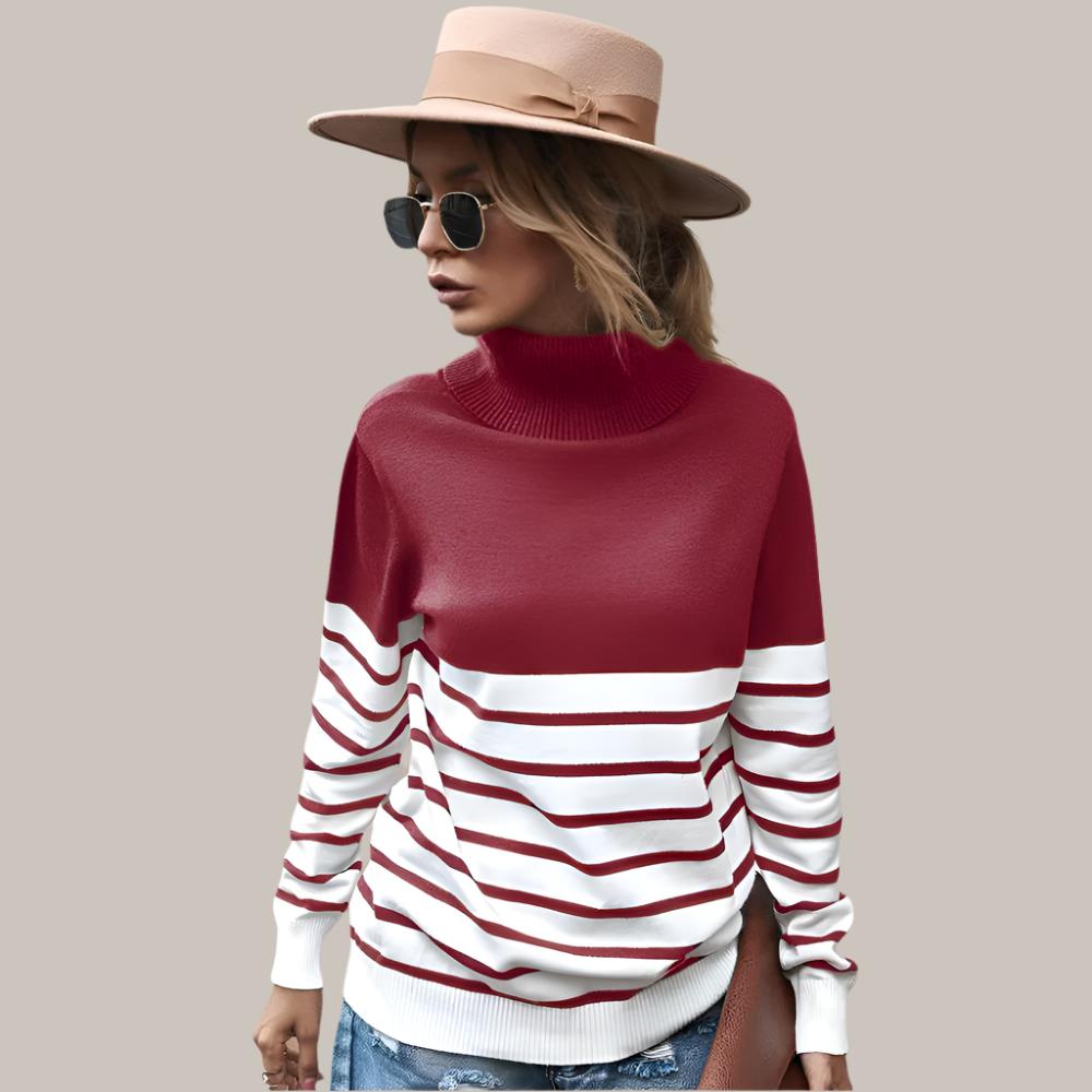 Net red high neck striped sweater blouse