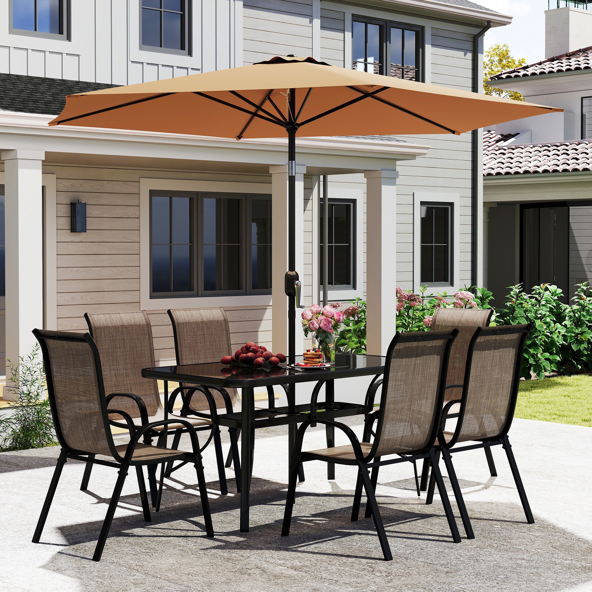 8 Pieces Patio Furniture Set with 9Ft Patio Umbrella, Outdoor Dining Table and Chairs, Light Mixed Brown