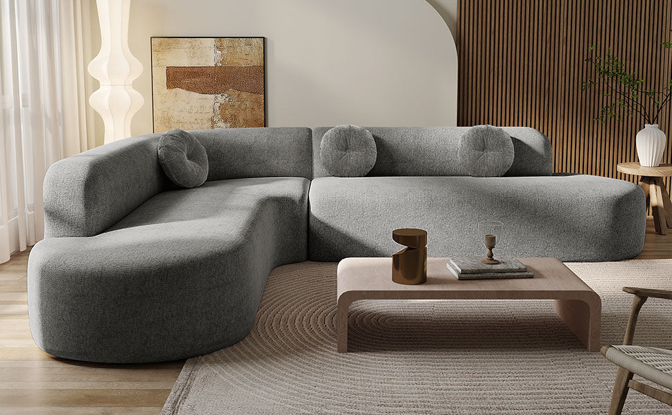 Mirod 122'' Extra Large Sectional Sofa Soft Fabric Upholstery, Elegant Curved Design With Three Round Cushions , High-Resilience Foam For Ultimate Comfort