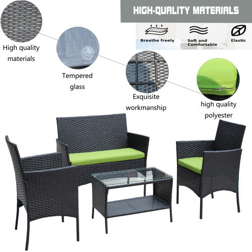 4 PC Rattan Patio Furniture Set Outdoor Patio Cushioned Seat Wicker Sofa Green Cushion