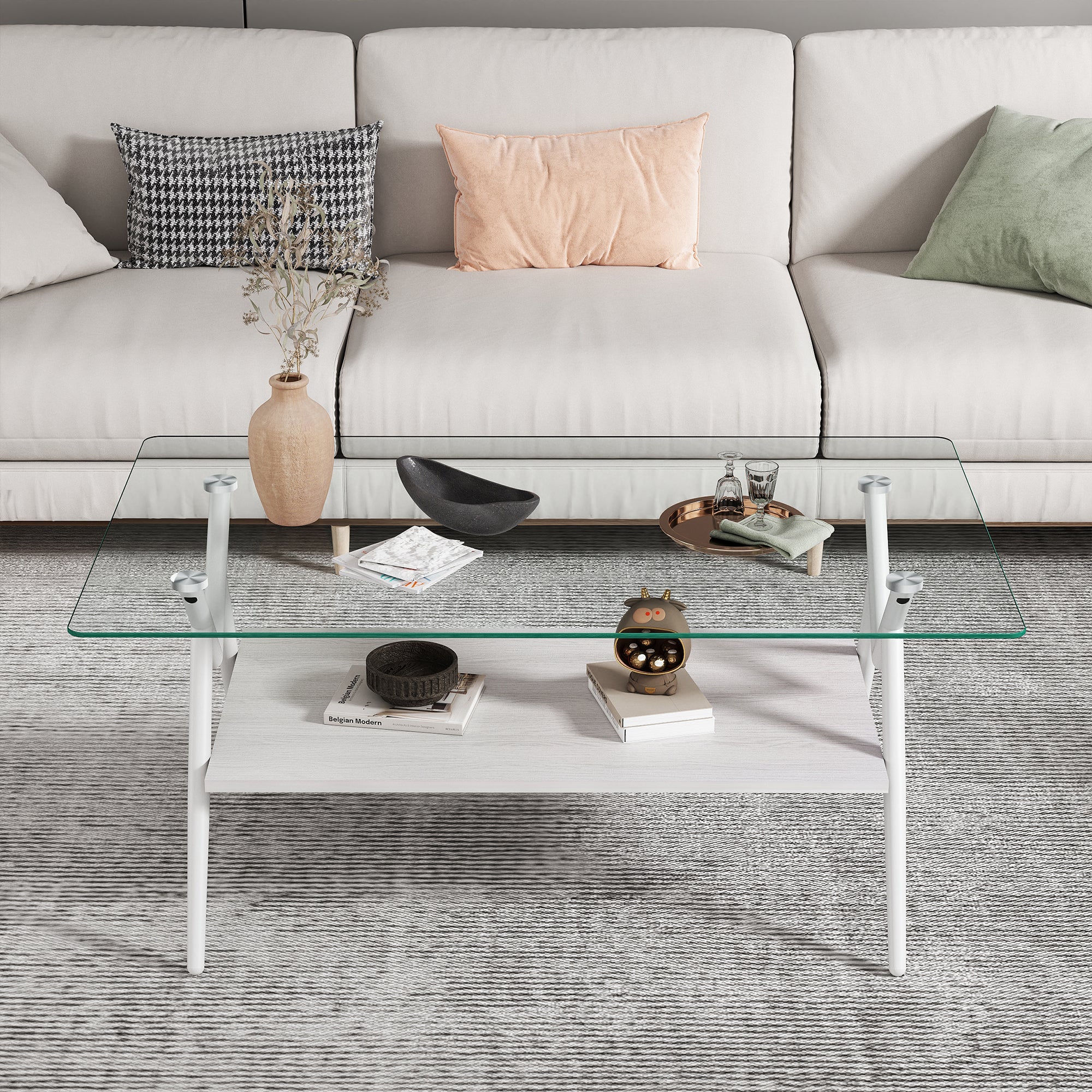 Coffee Table And End Tables Set Of 3, Tempered Glass Table With MDF Layer, Modern Tables For Living Room , Transparent Glass