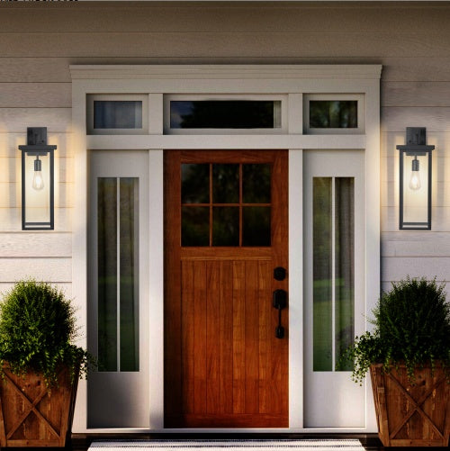 20inch Height Set Of 2 Modern Outdoor Wall Lanterns With Black Metal Frame And Clear Glass, Weatherproof Wall Sconces For Porch, Garage, Or Entryway Lighting, E26 Bulb Compatible No Bulbs