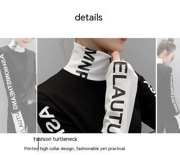 Women's Fashion Black And White Printed Long-sleeved Top Turtleneck Bottoming Shirt