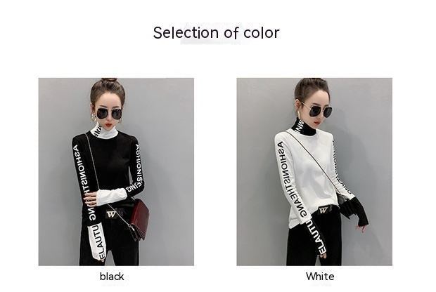 Women's Fashion Black And White Printed Long-sleeved Top Turtleneck Bottoming Shirt