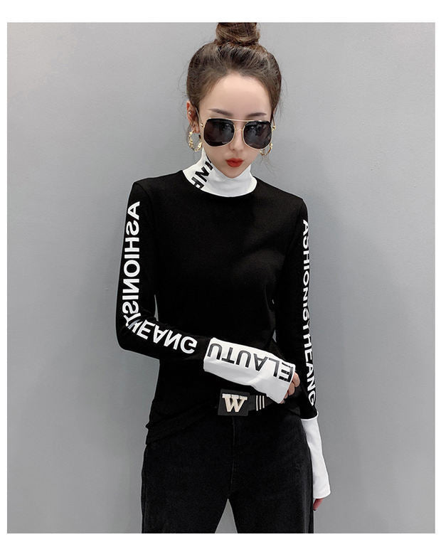 Women's Fashion Black And White Printed Long-sleeved Top Turtleneck Bottoming Shirt