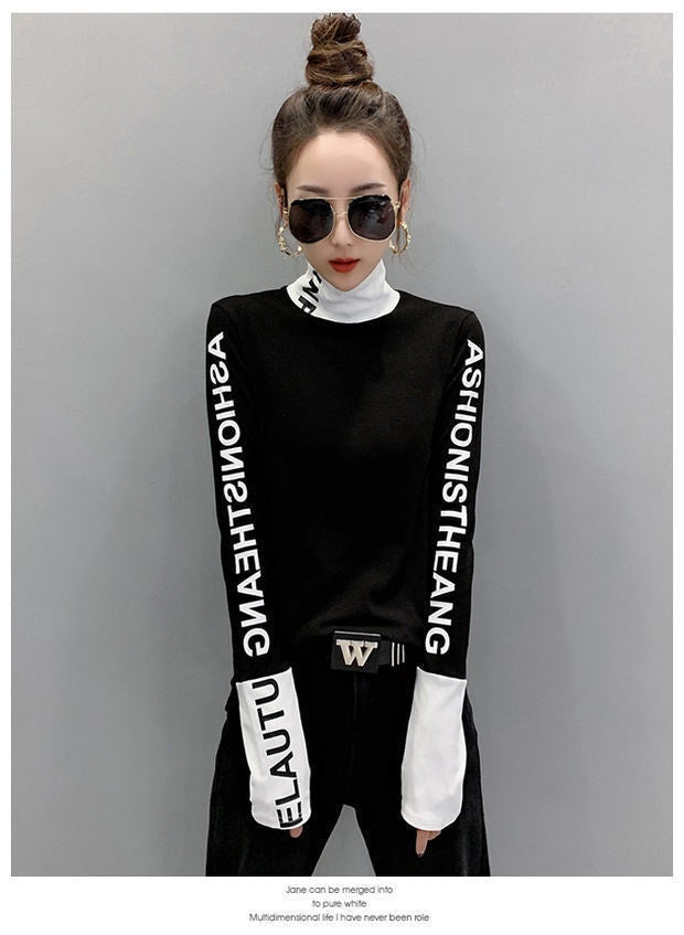 Women's Fashion Black And White Printed Long-sleeved Top Turtleneck Bottoming Shirt