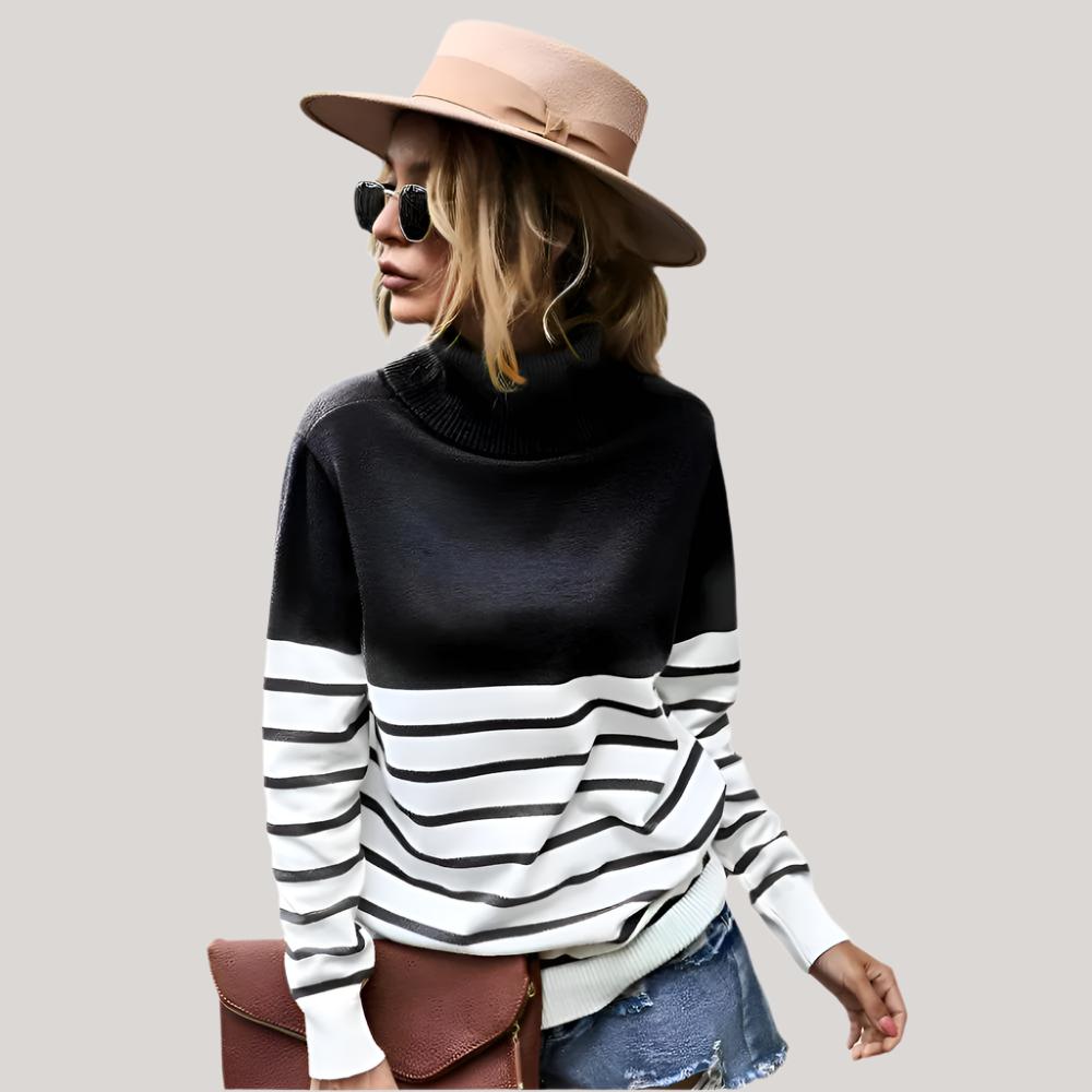 Net red high neck striped sweater blouse