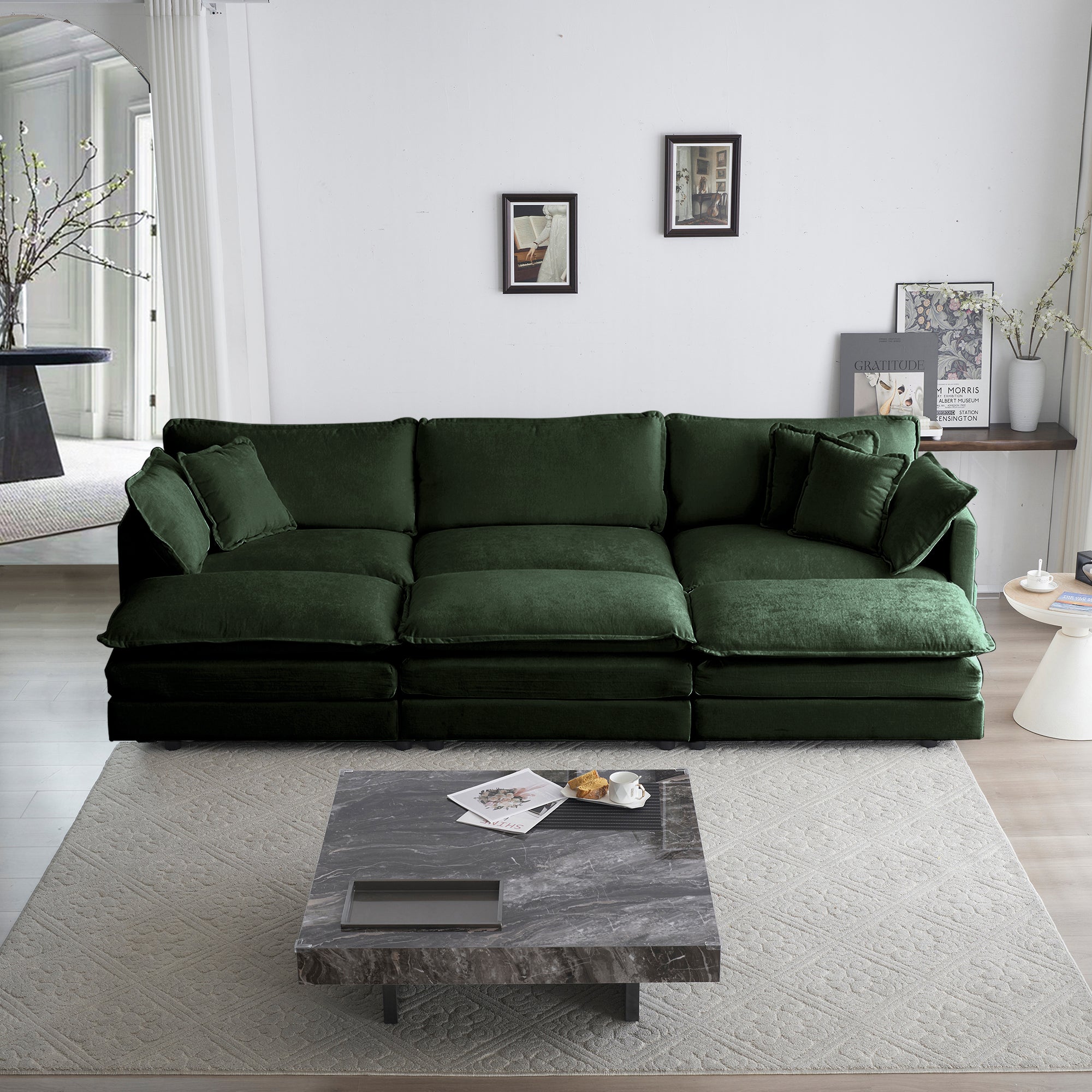 Comfortable Deep Seat Reversible Modular 6 Seater Sectional Super Soft Sofa U Shaped Sectional Couch With 3 Ottomans, 3 Toss Pillows And 2 Arm Pillows